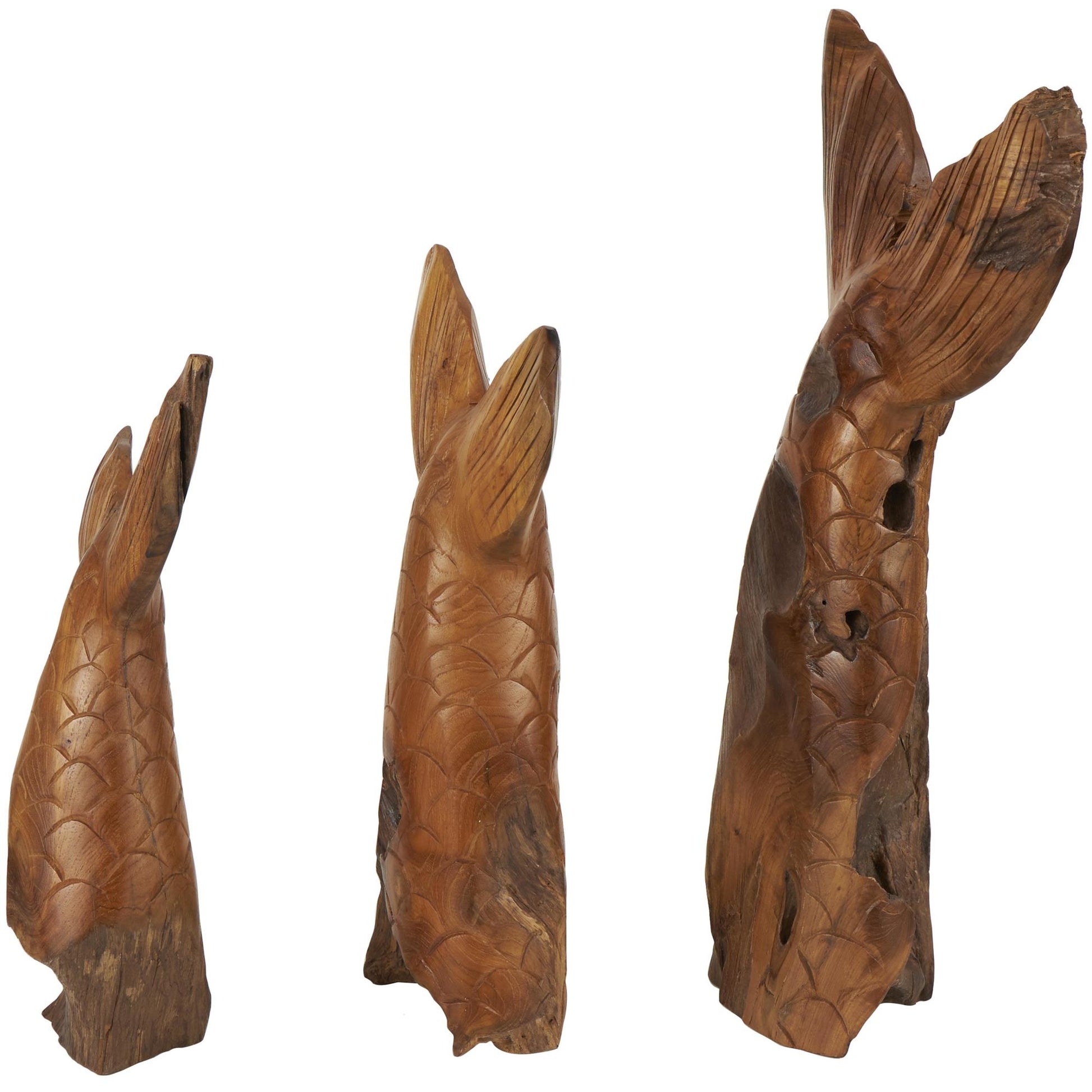 Set of 3 Whale Brown Teak Wood Handmade Tail Live Edge Decorative Sculpture with Intricate Carvings
