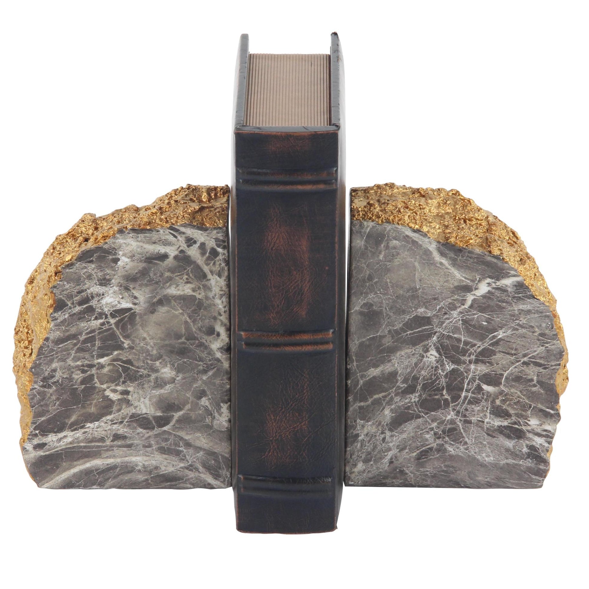 CosmoLiving by Cosmopolitan Set of 2 Geode Gray Polystone Decorative Bookends with Gold Detailing