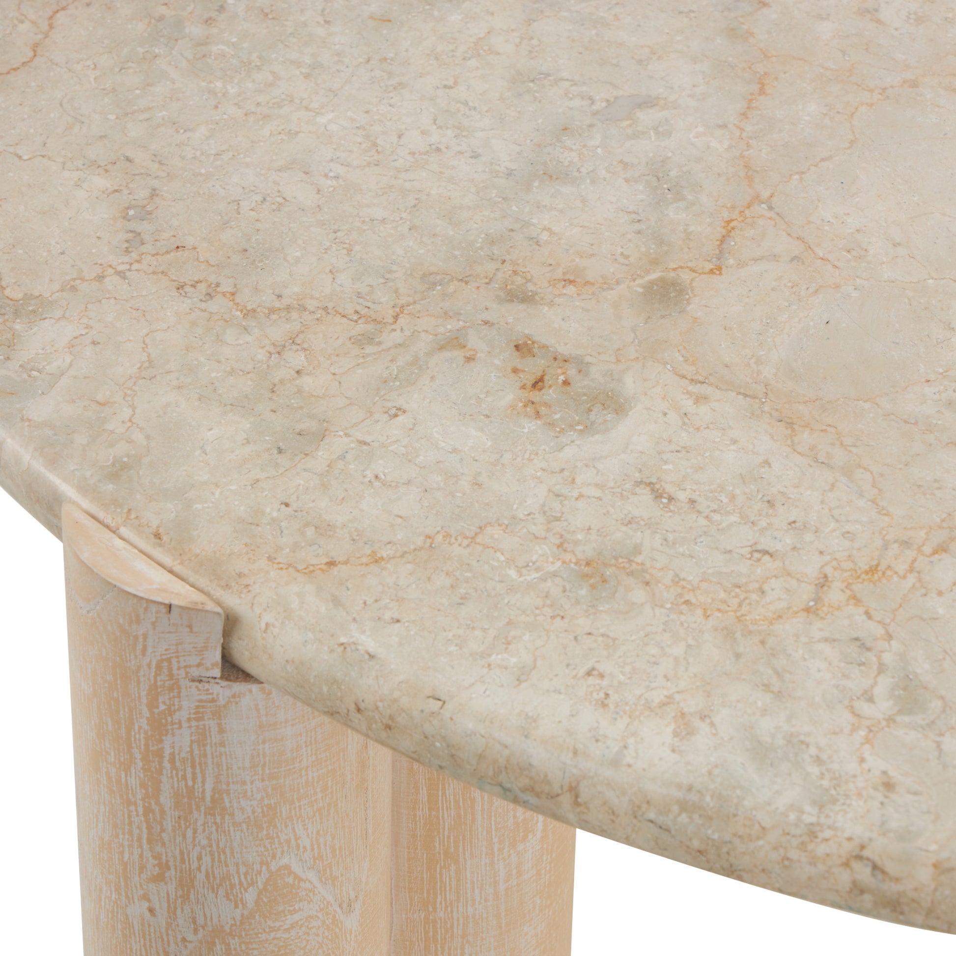 Cream Teak Wood Handmade Living Room Coffee Table with Beige Marble Tabletop