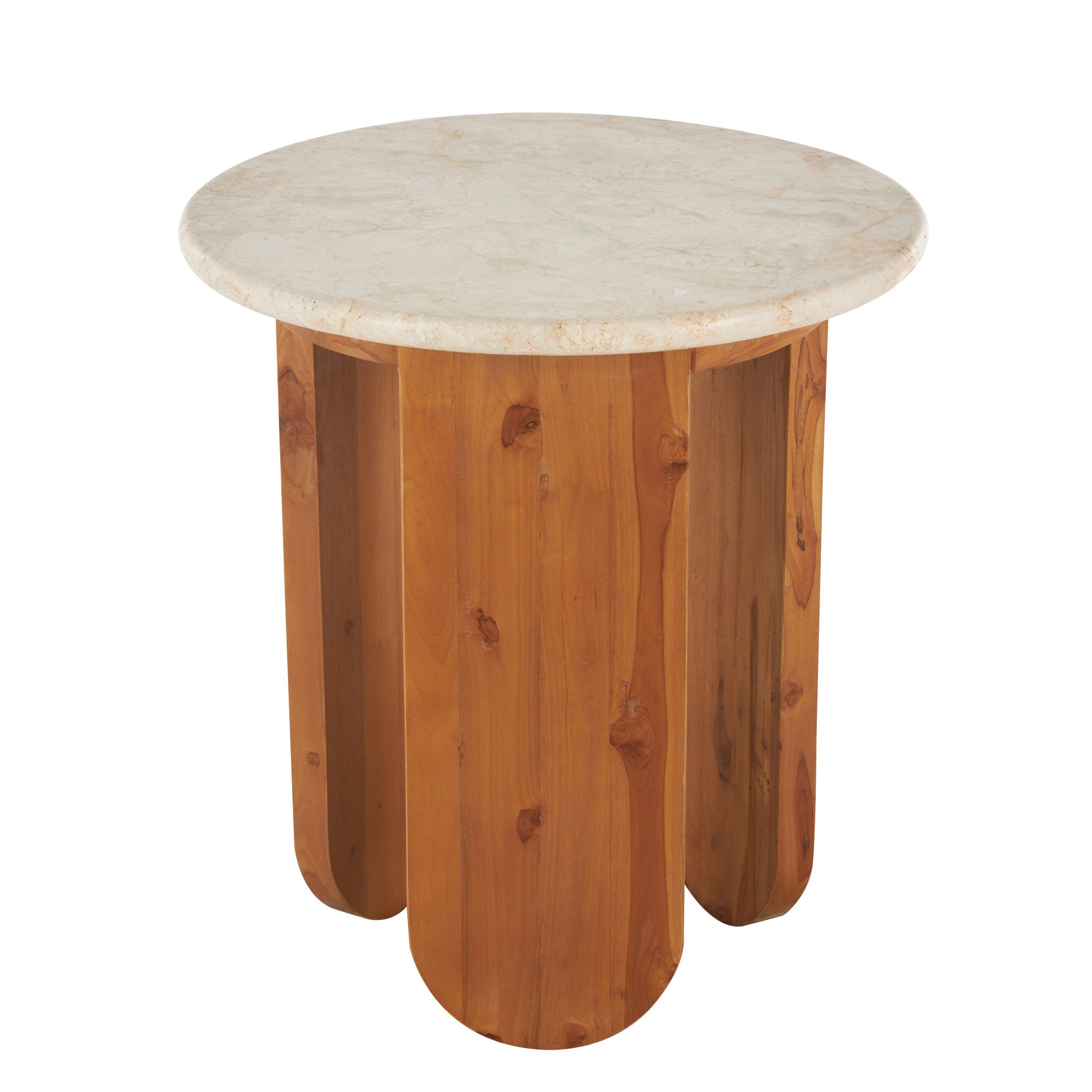 Brown Teak Wood Handmade Side End Accent Table with Beige Marble Tabletop
