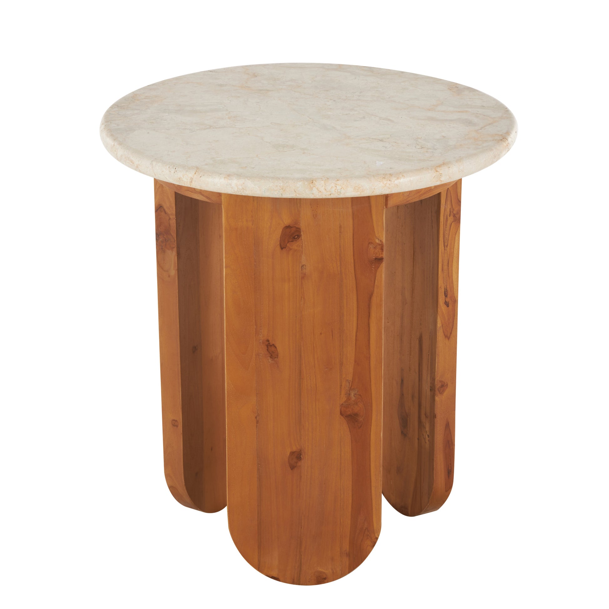 Brown Teak Wood Handmade Side End Accent Table with Beige Marble Tabletop