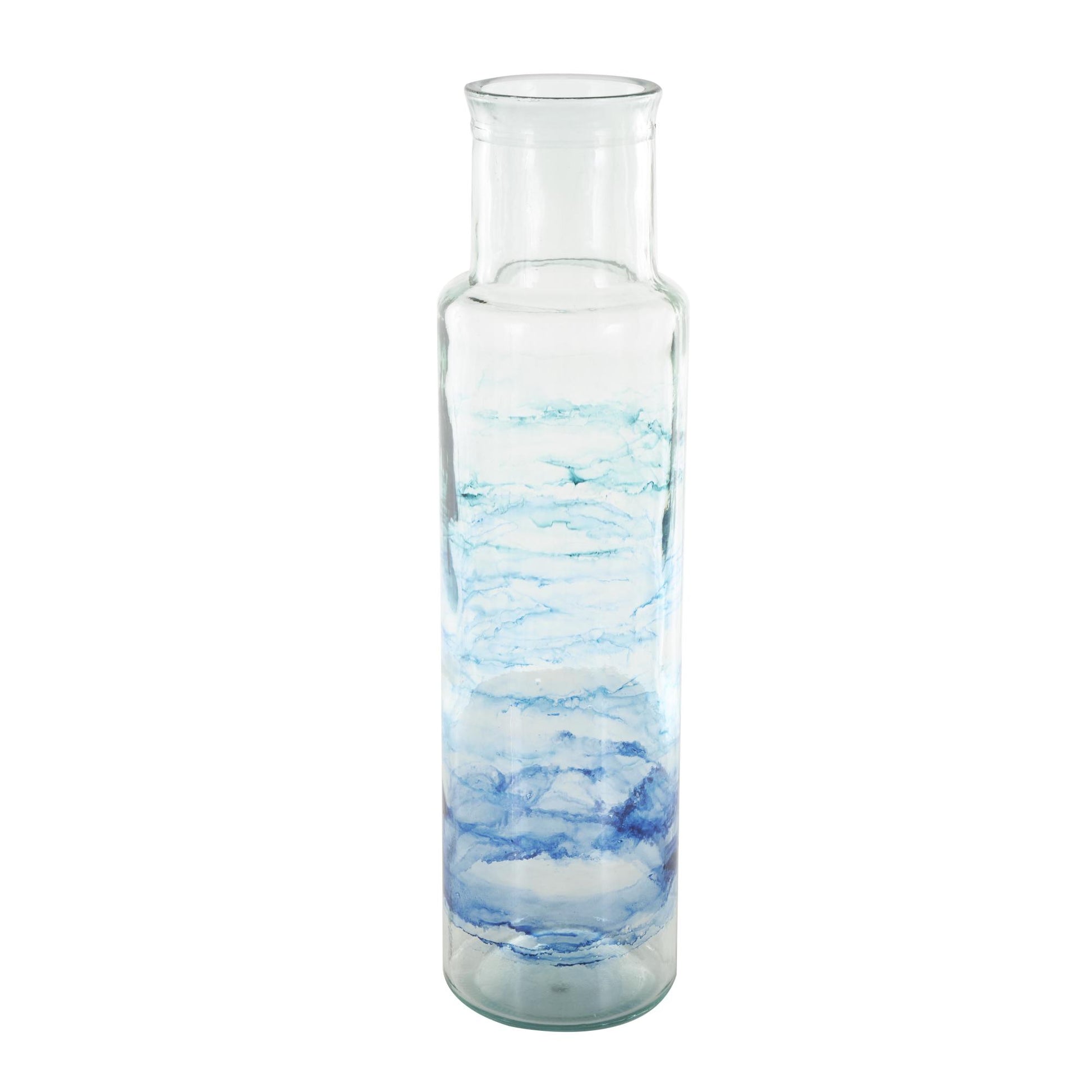 Recycled Glass Abstract Decorative Vase with Swirled Colored Glass Bands 6" x 6" x 22"