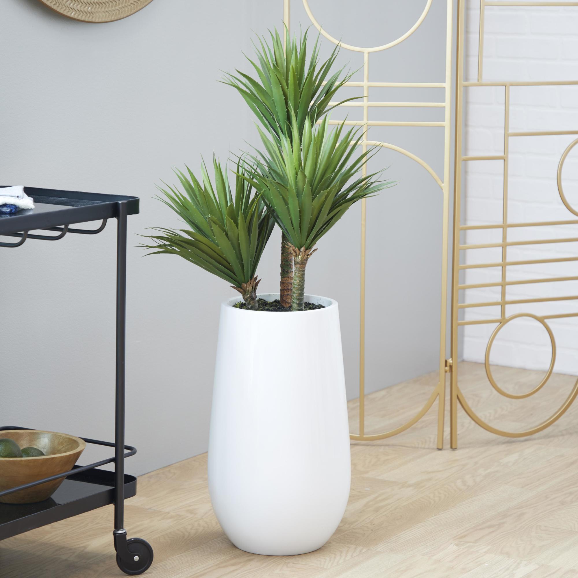 Date Palm Green Faux Foliage Indoor Outdoor Artificial Plant with Realistic Leaves and White Fiberglass Pot