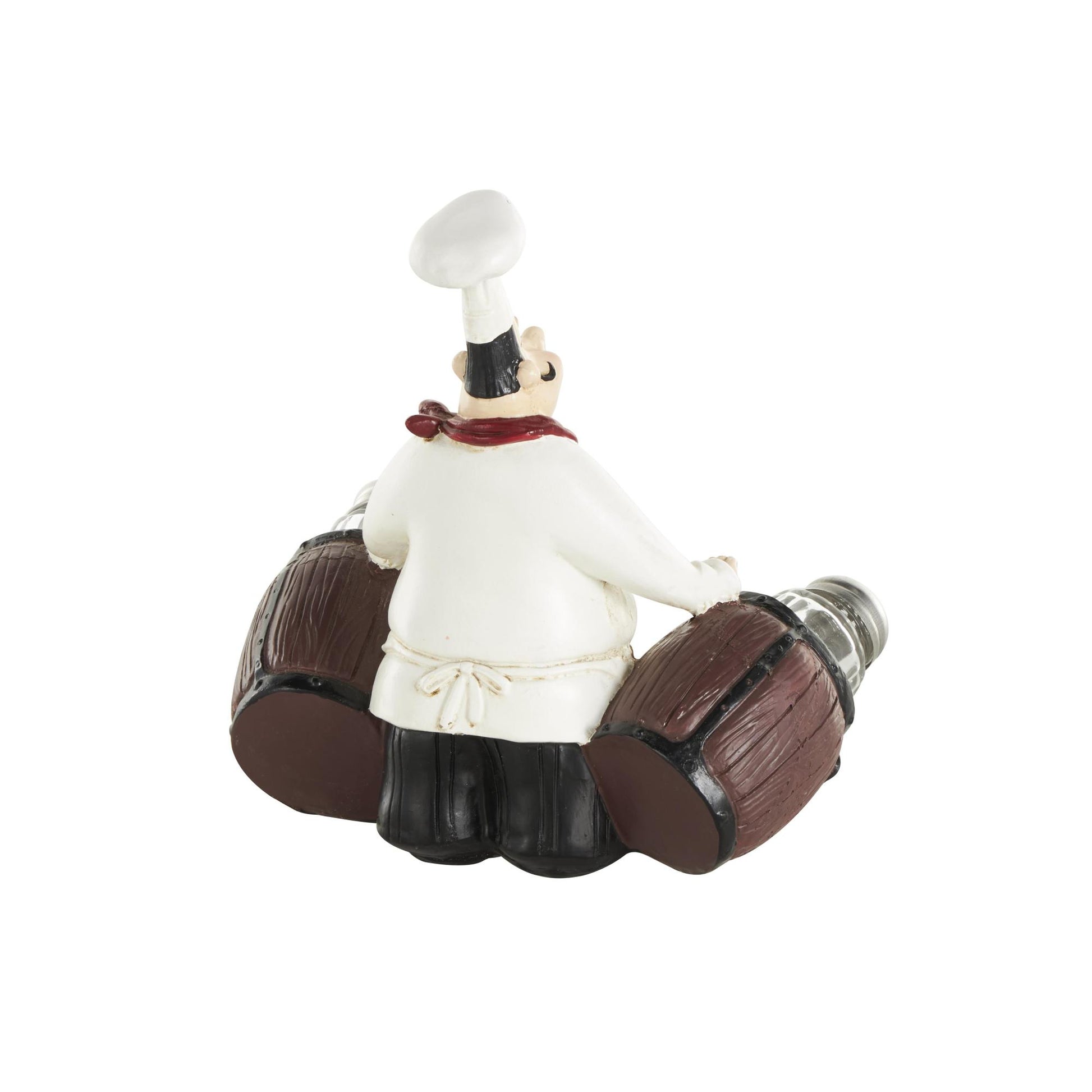 Chef White Polystone Figurine Decorative Salt and Pepper Shaker Holder with Wood Barrel Accents