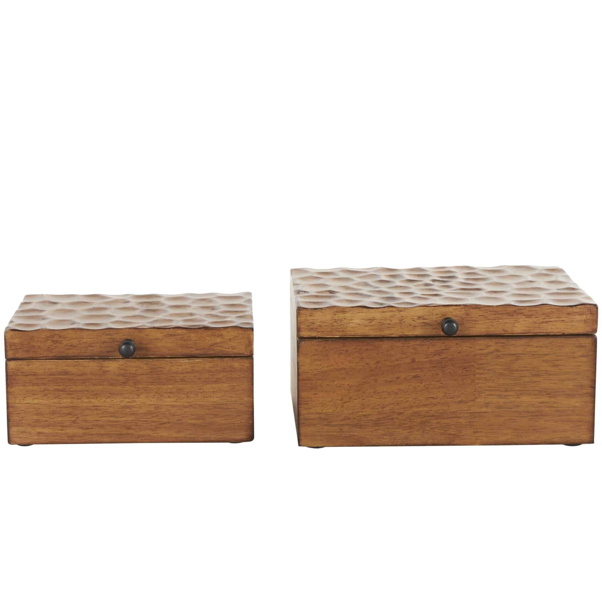 Set of 2 Geometric Brown Wood Textured Concave Honeycomb Storage Decorative Box with Black Knobs