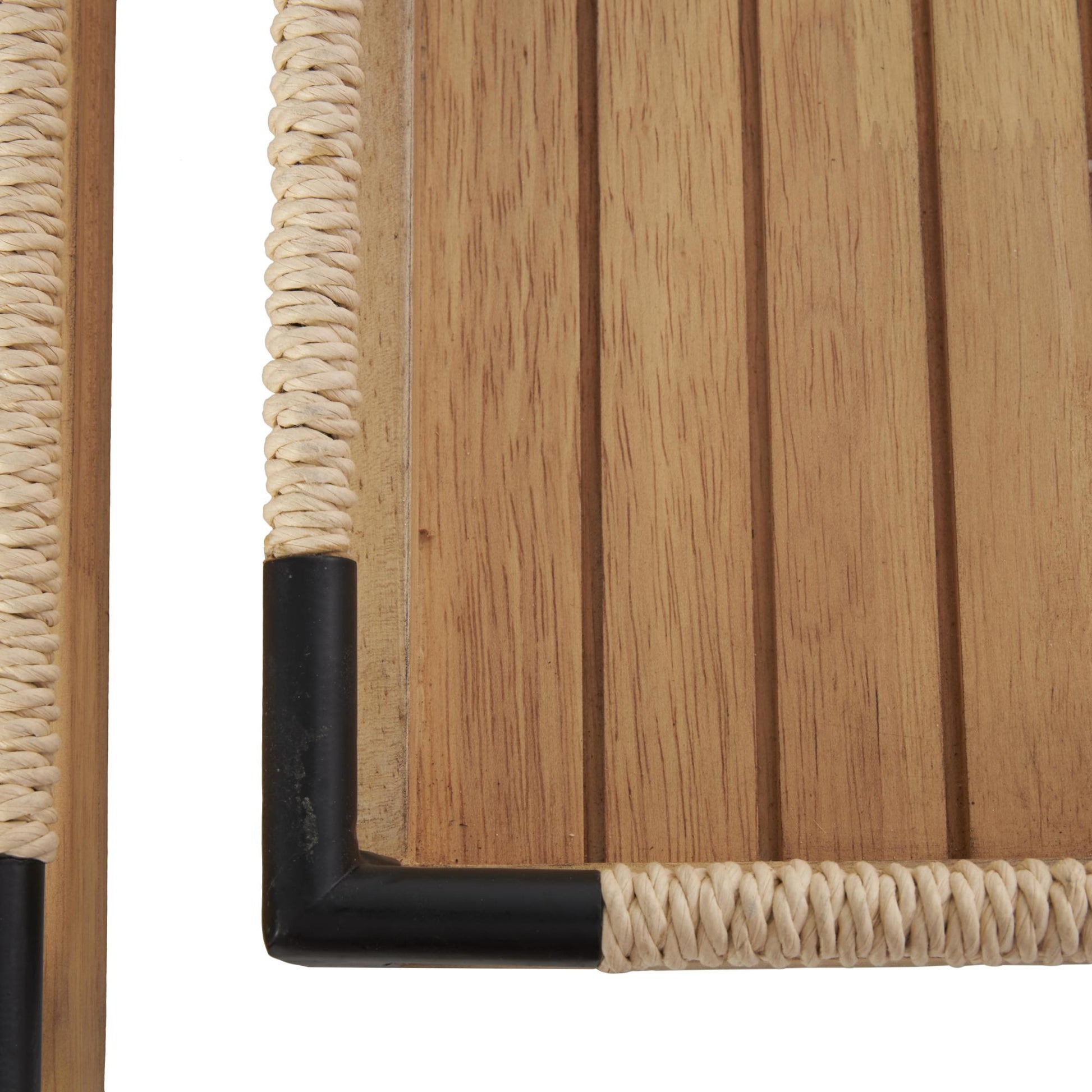 Set of 2 Brown Wood Slatted Living Room Decor Tray with Elevated Woven Sides and Black Metal Corners