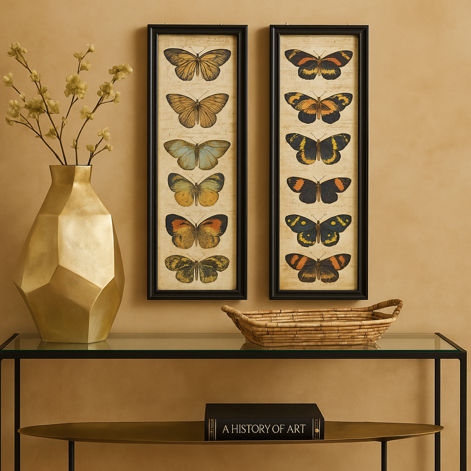 Set of 2 Butterfly Multi Colored Glass Living Room Framed Wall Art with Black Frame