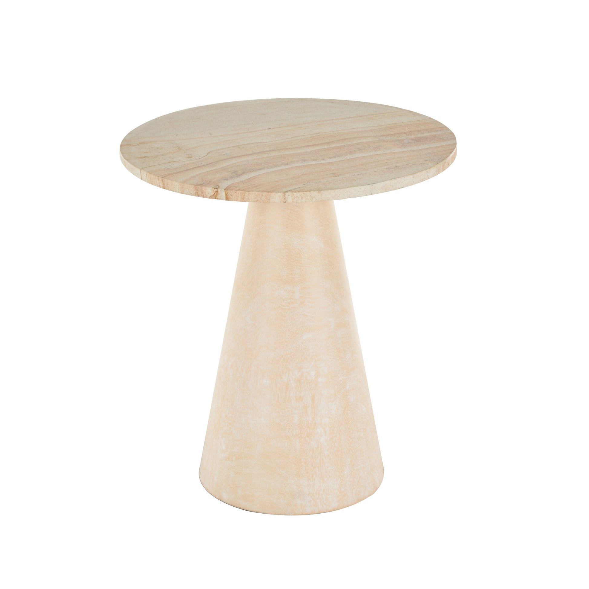 Cream Teak Wood Handmade Cone Side End Accent Table with Beige Marble Tabletop