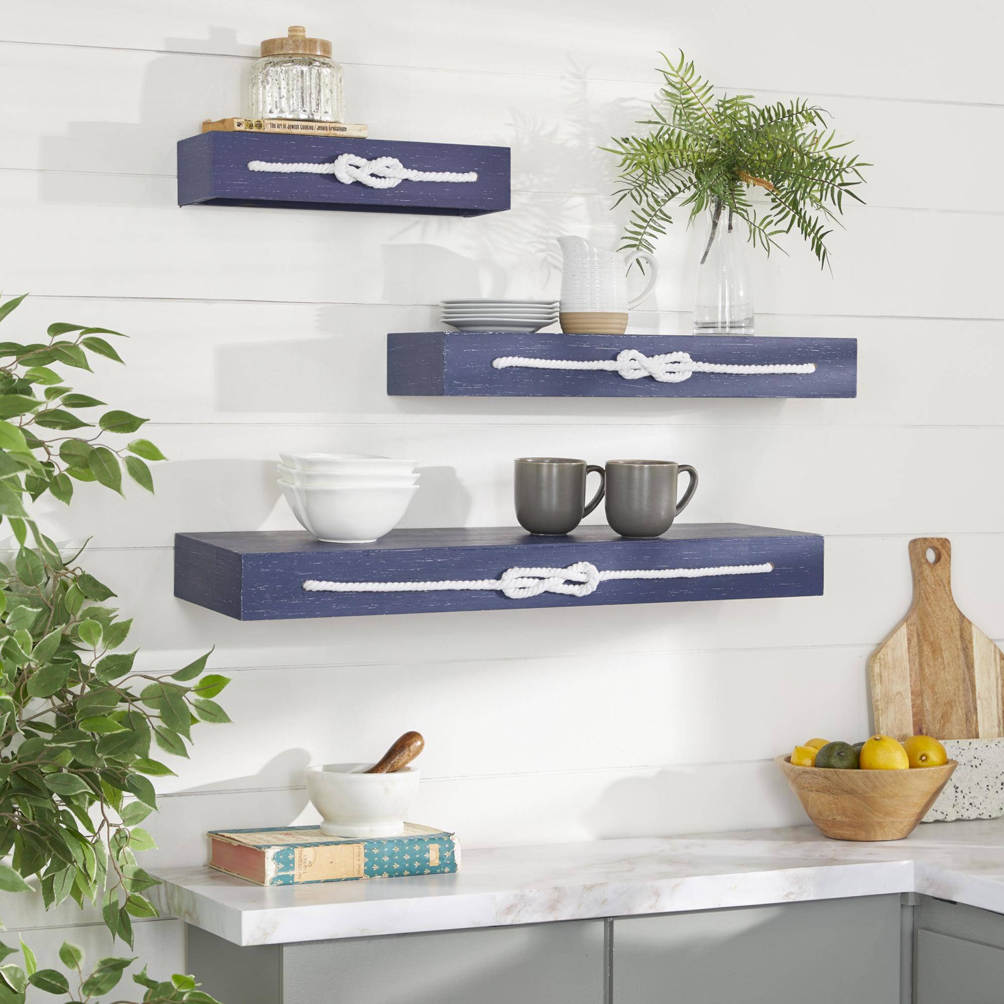 Set of 3 Knot Blue Wood 3 Shelves Room Wall Shelf with Knotted Rope