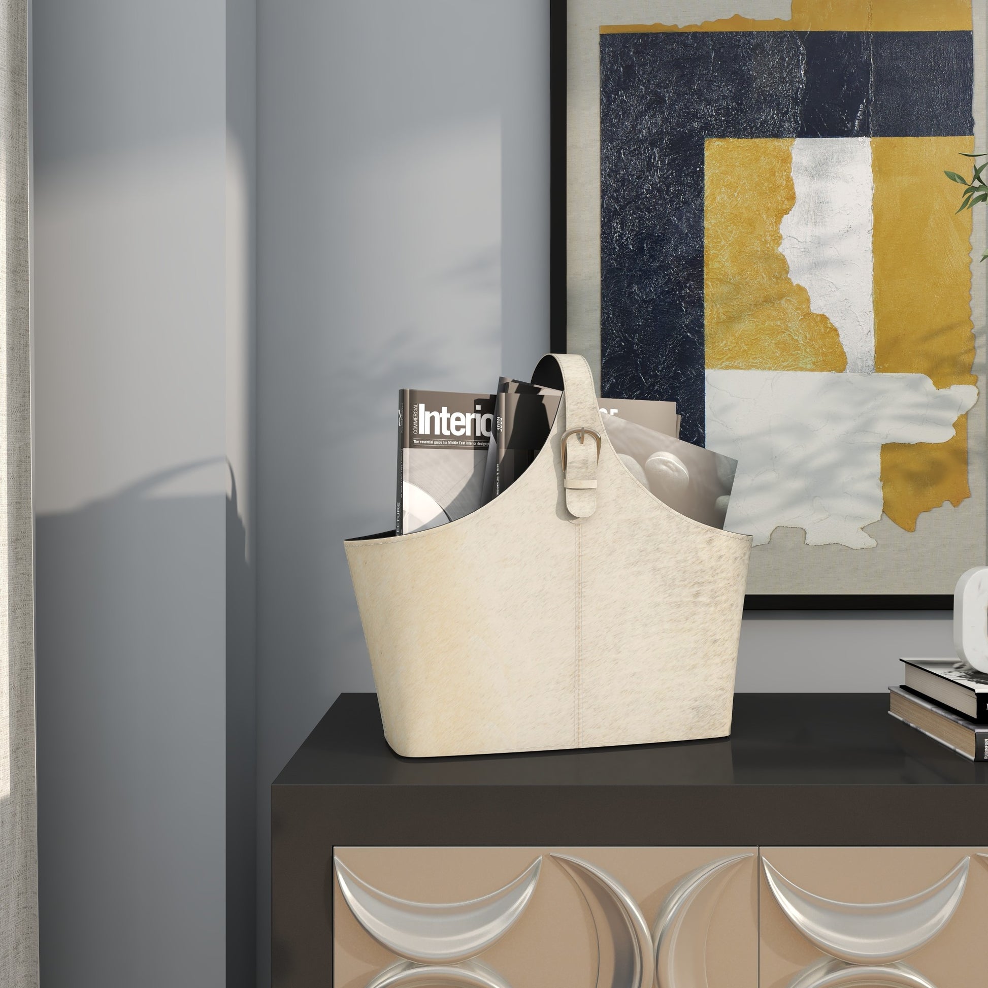 Leather Handmade Box Style Decorative Magazine Holder with Detail Stitching and Curved Buckle Handle