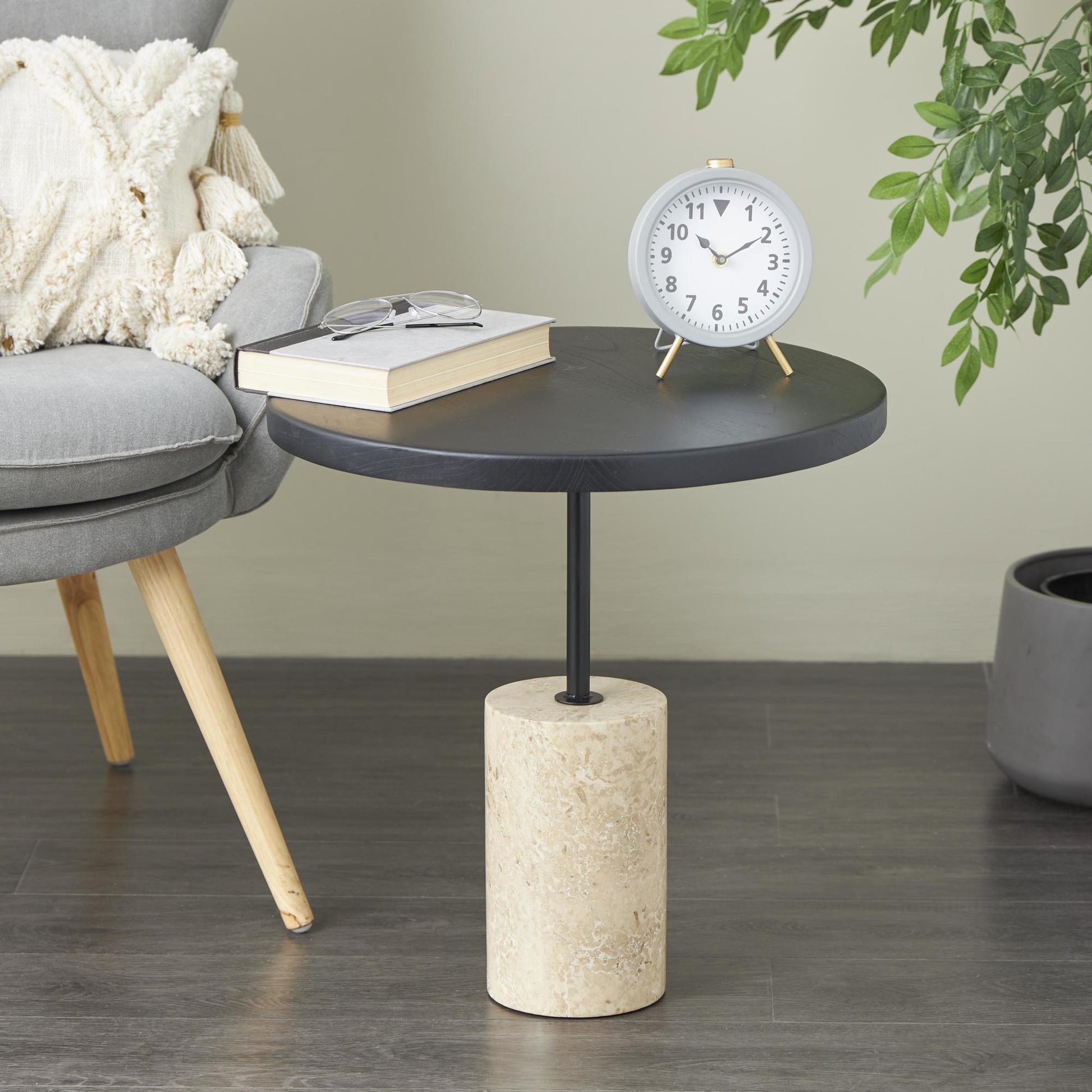 Geometric Black Wood Side End Accent Table with Ivory Marble Base