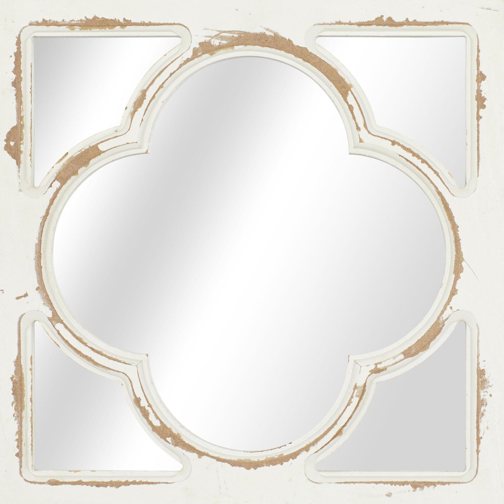 Set of 4 Geometric White Wood Distressed Small Square Room Wall Mirror with Jute Hanging Rope
