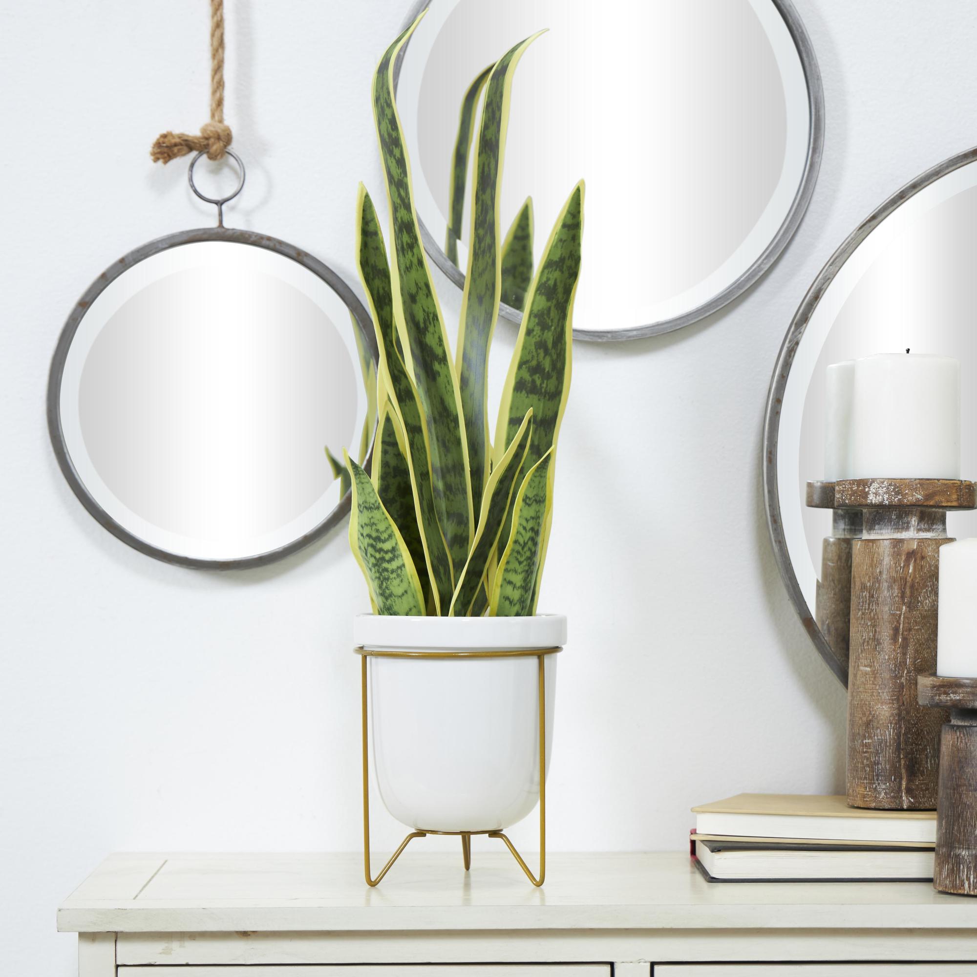 Snake Green Faux Foliage Indoor Outdoor Artificial Plant with White Porcelain Pot and Gold Stand