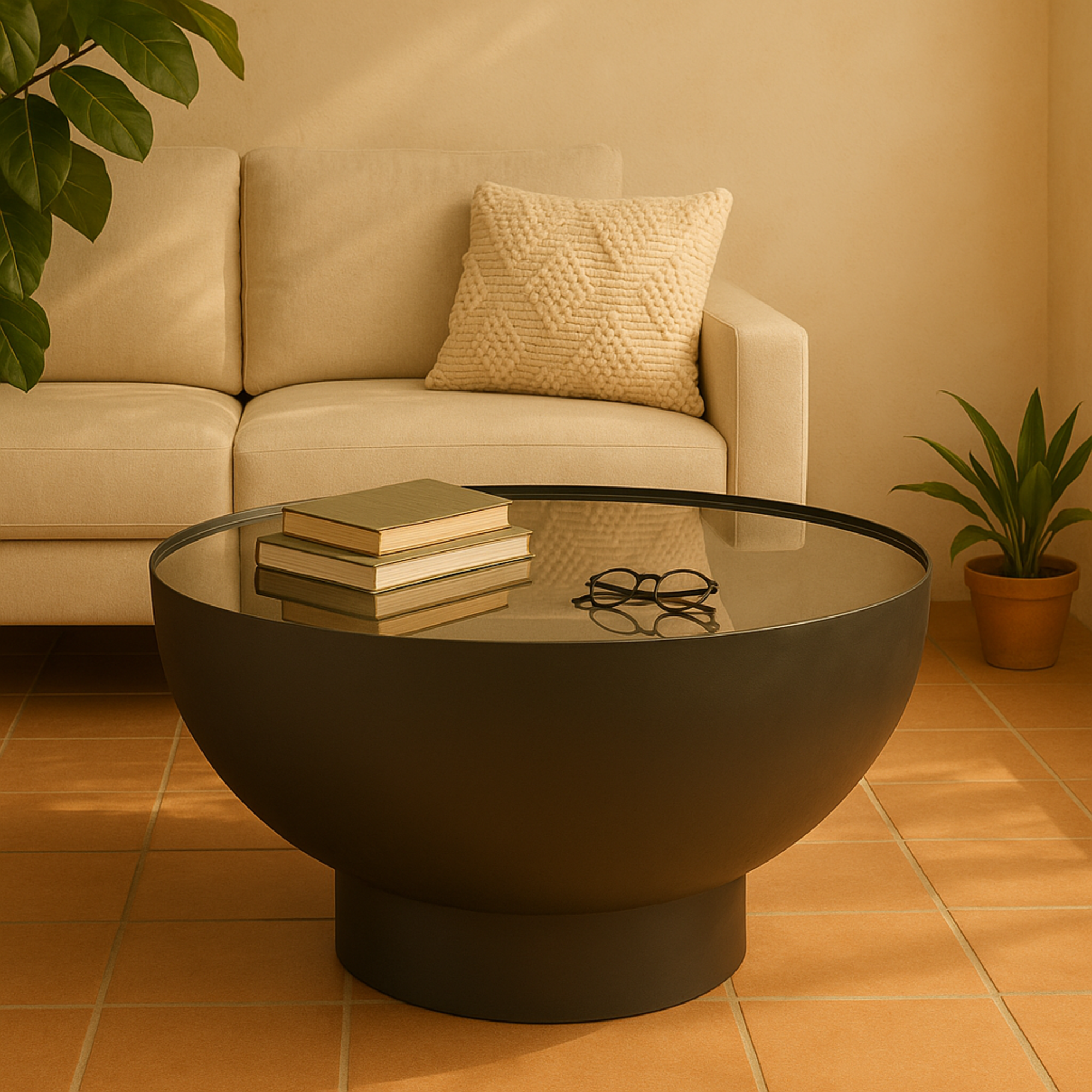 Geometric Black Metal Accent Table with Glass Tabletop and Elevated Base