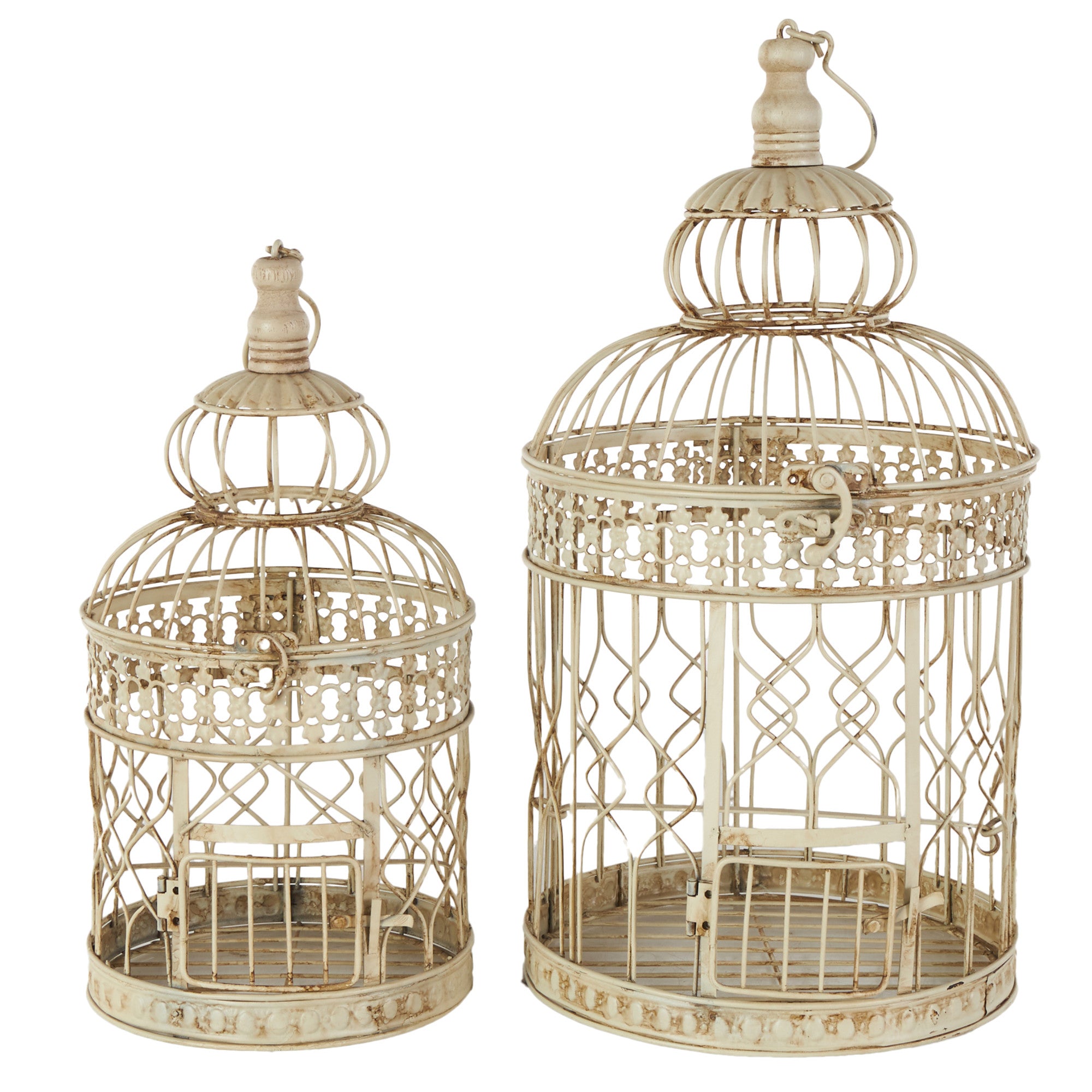 Set of 2 Cream Metal Hinged Top Decorative Birdcage with Latch Lock Closure and Hanging Hook