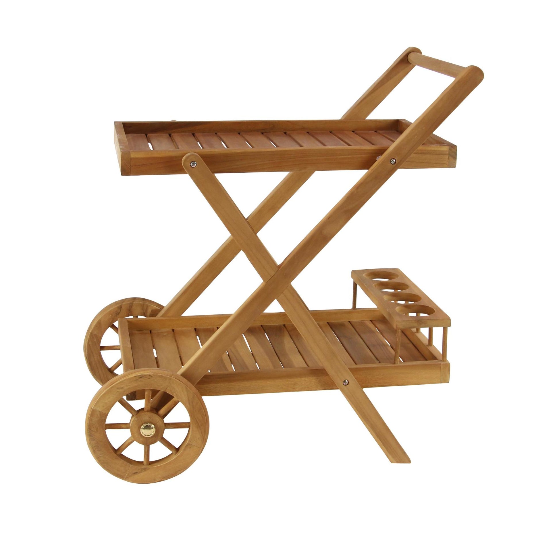 Brown Teak Wood Indoor Outdoor Rolling 2 Shelves Home Bar Cart with Wheels and Handle