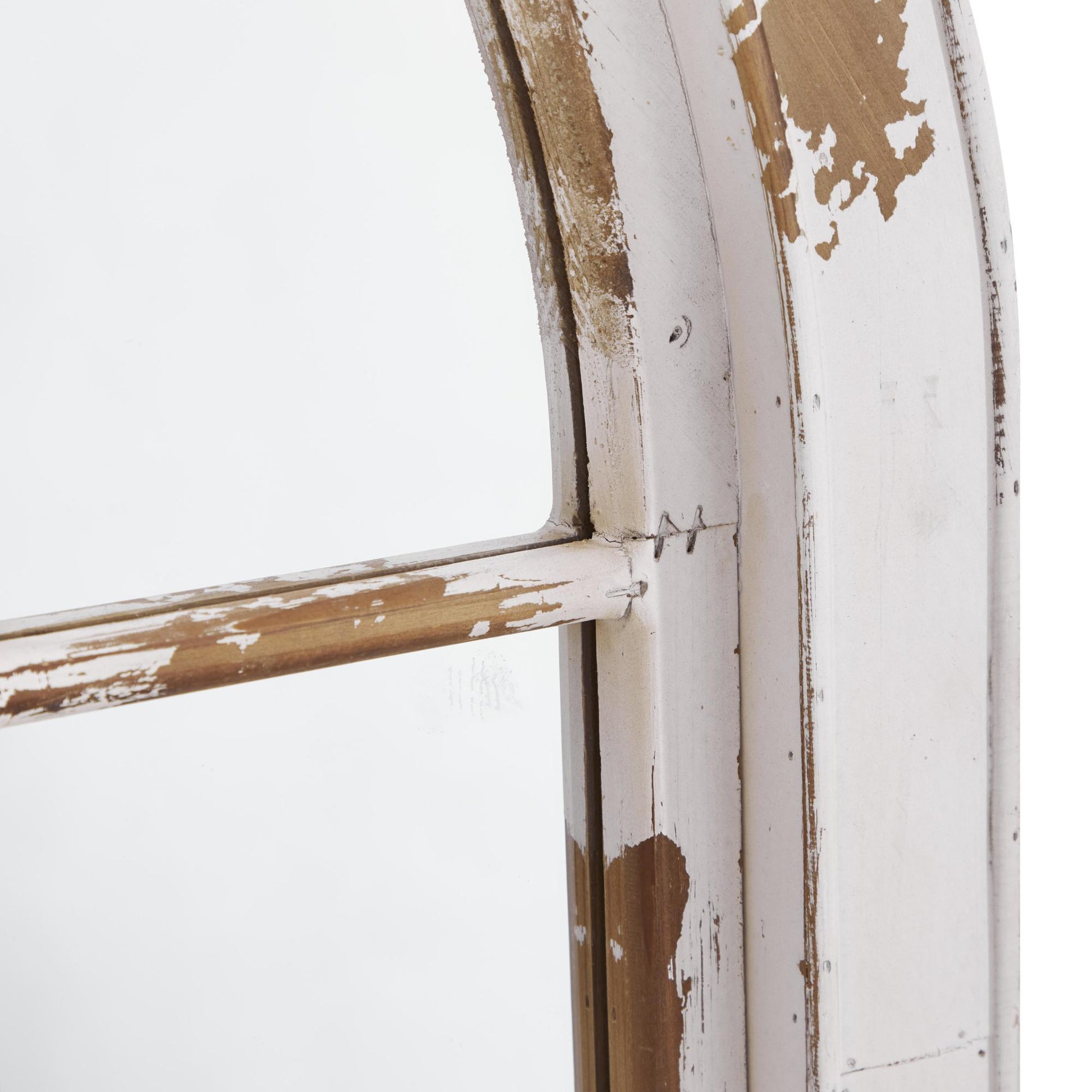 Wood Window Pane Inspired Room Wall Mirror with Arched Top and Distressing