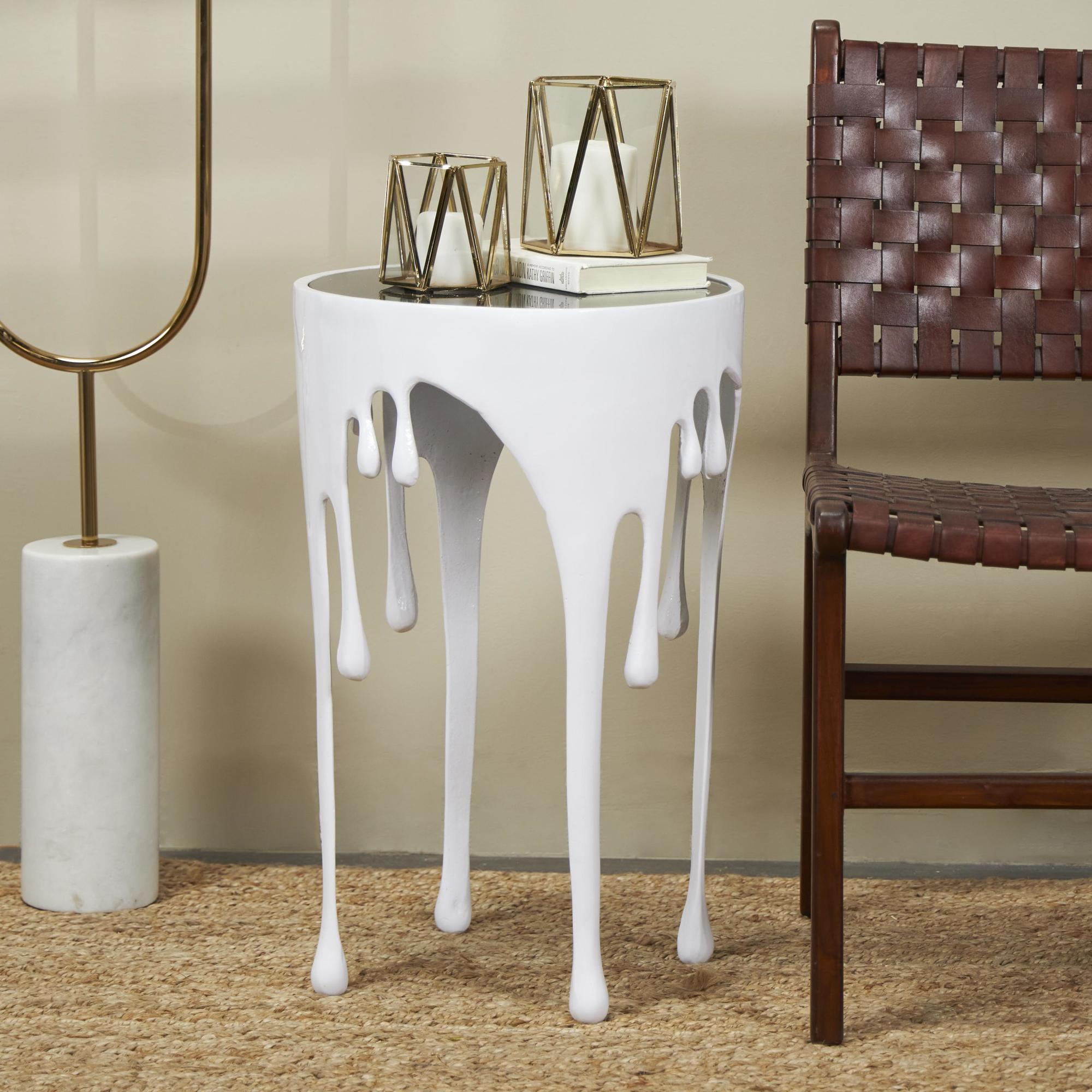 Abstract Aluminum Metal Drip Side End Accent Table with Melting Design and Shaded Glass Top
