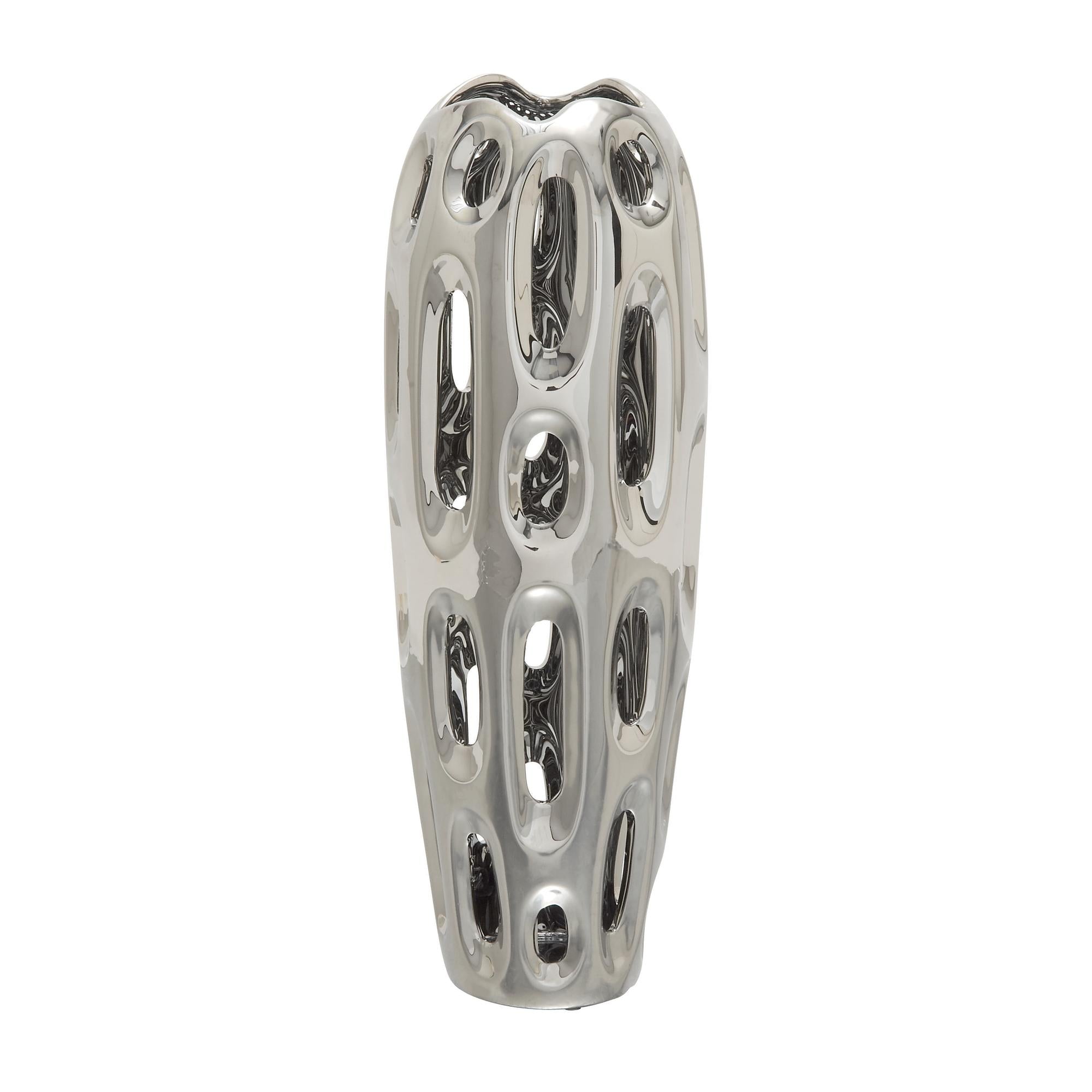 Silver Ceramic Rounded Cutout Decorative Vase