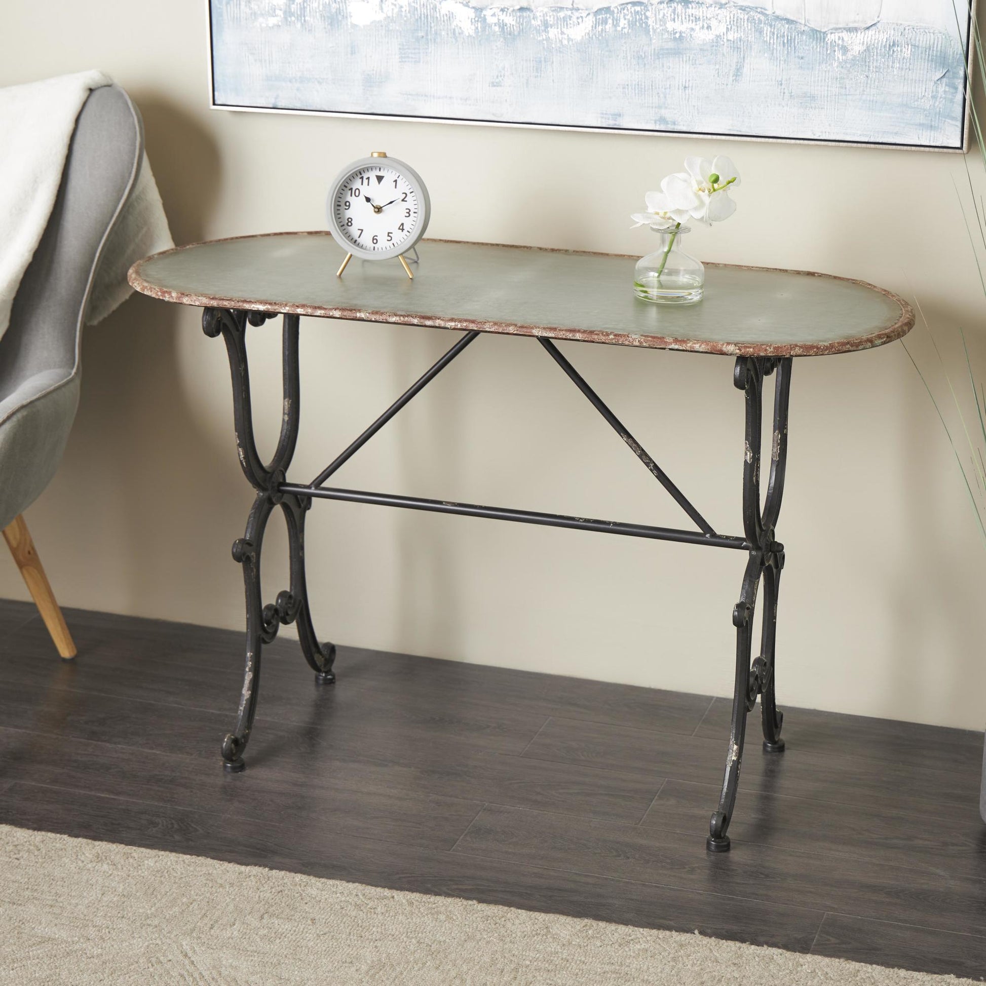 Scroll Gray Metal Oval Living Room Console Table with Distressed Accents