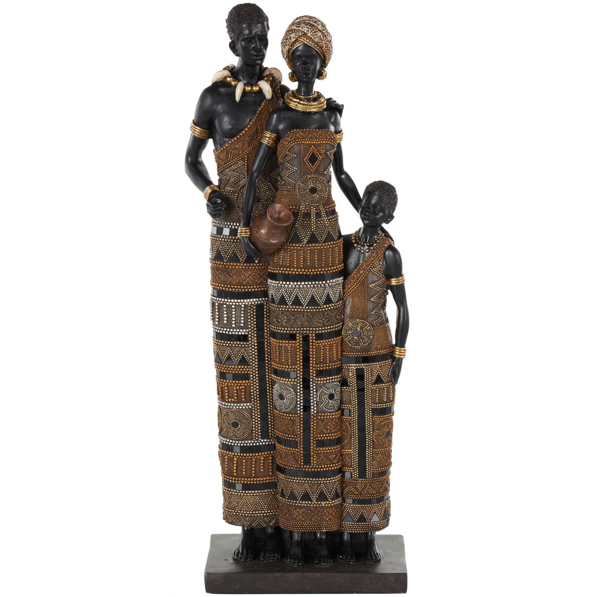 Family Black Resin Tall African Decorative Sculpture with Gold Jewels