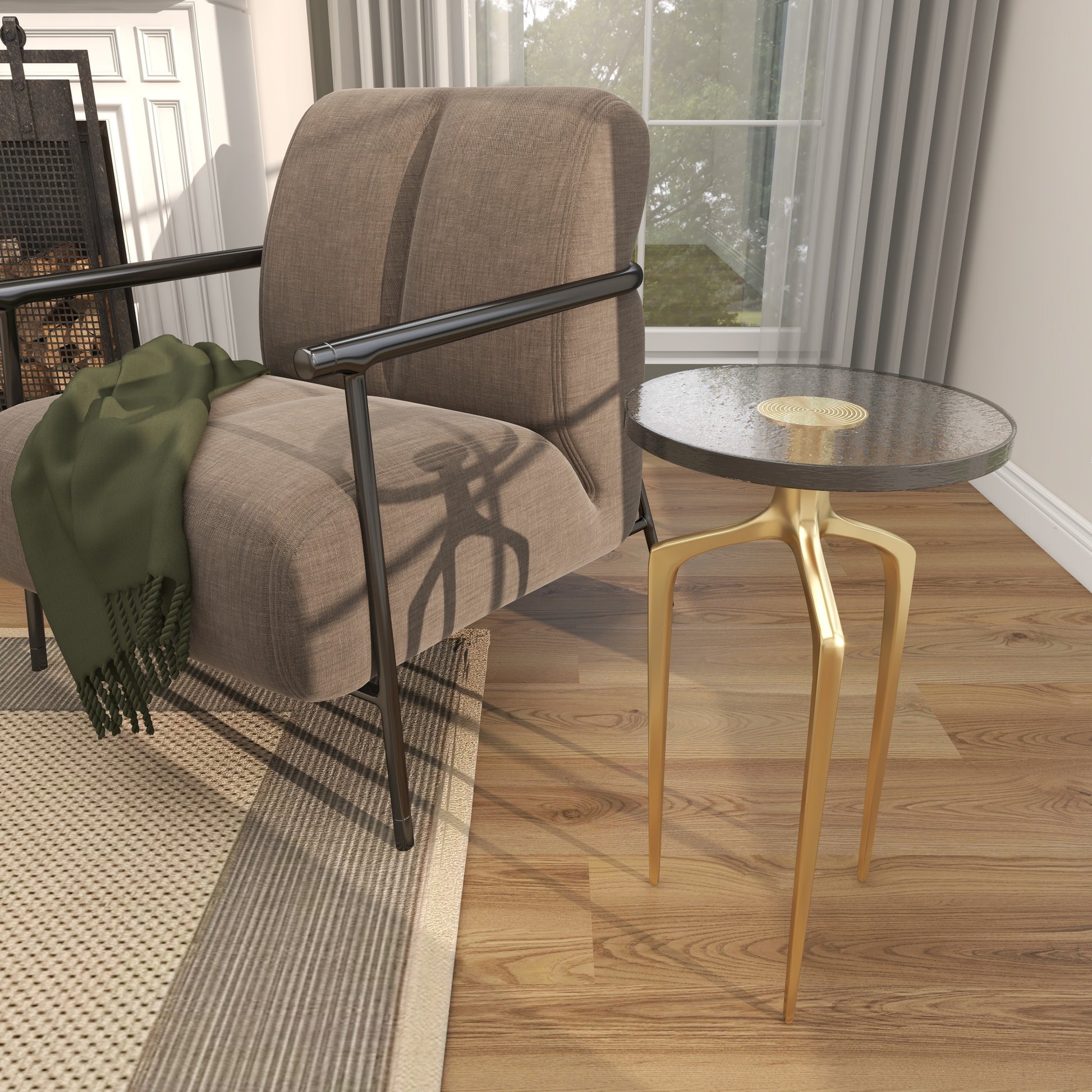 Aluminum Metal Small Tripod Side End Accent Table with Textured Glass Tabletop