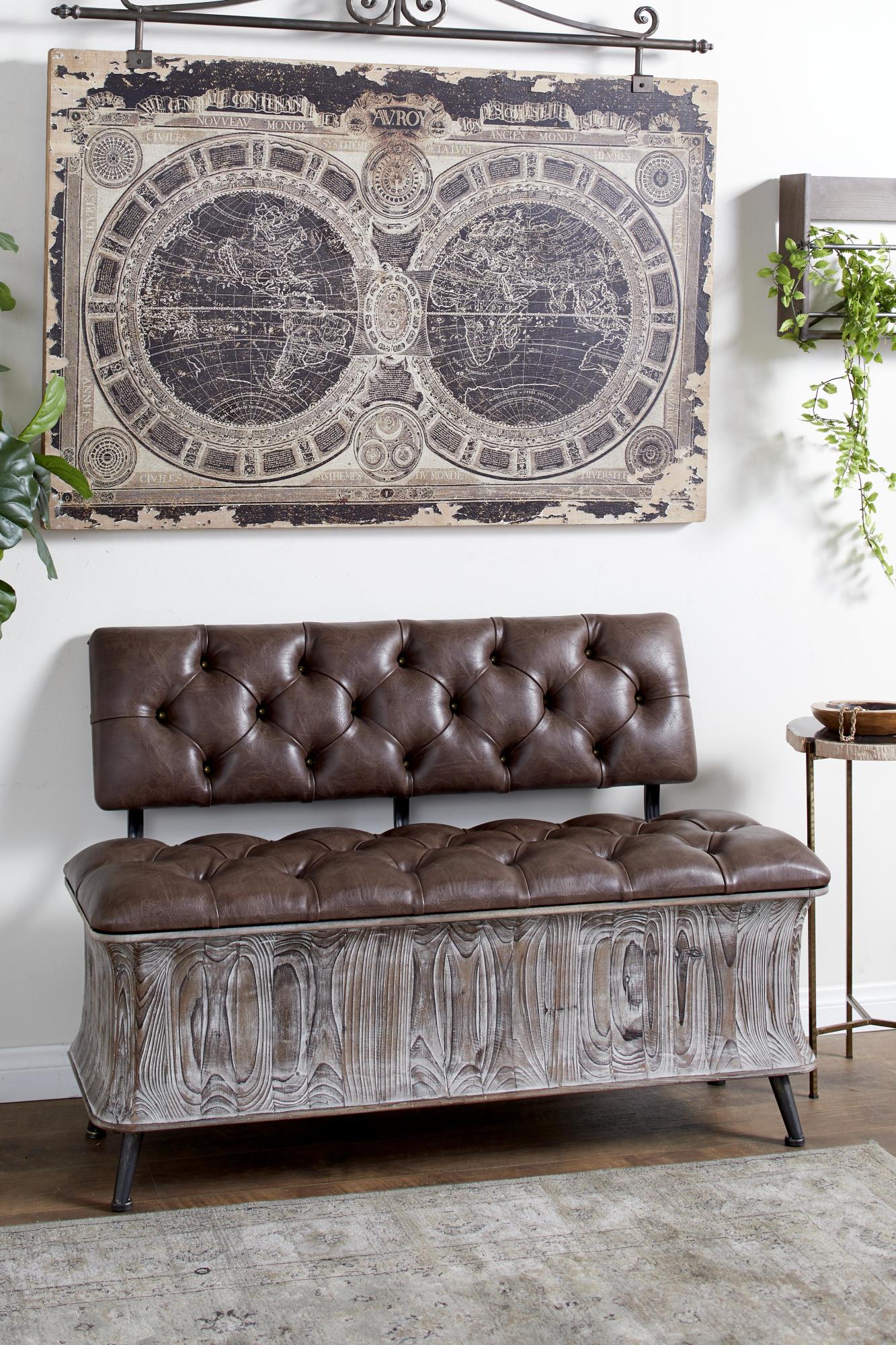 Brown Wood Room Storage Bench with Tufted Faux Leather Seat and Back