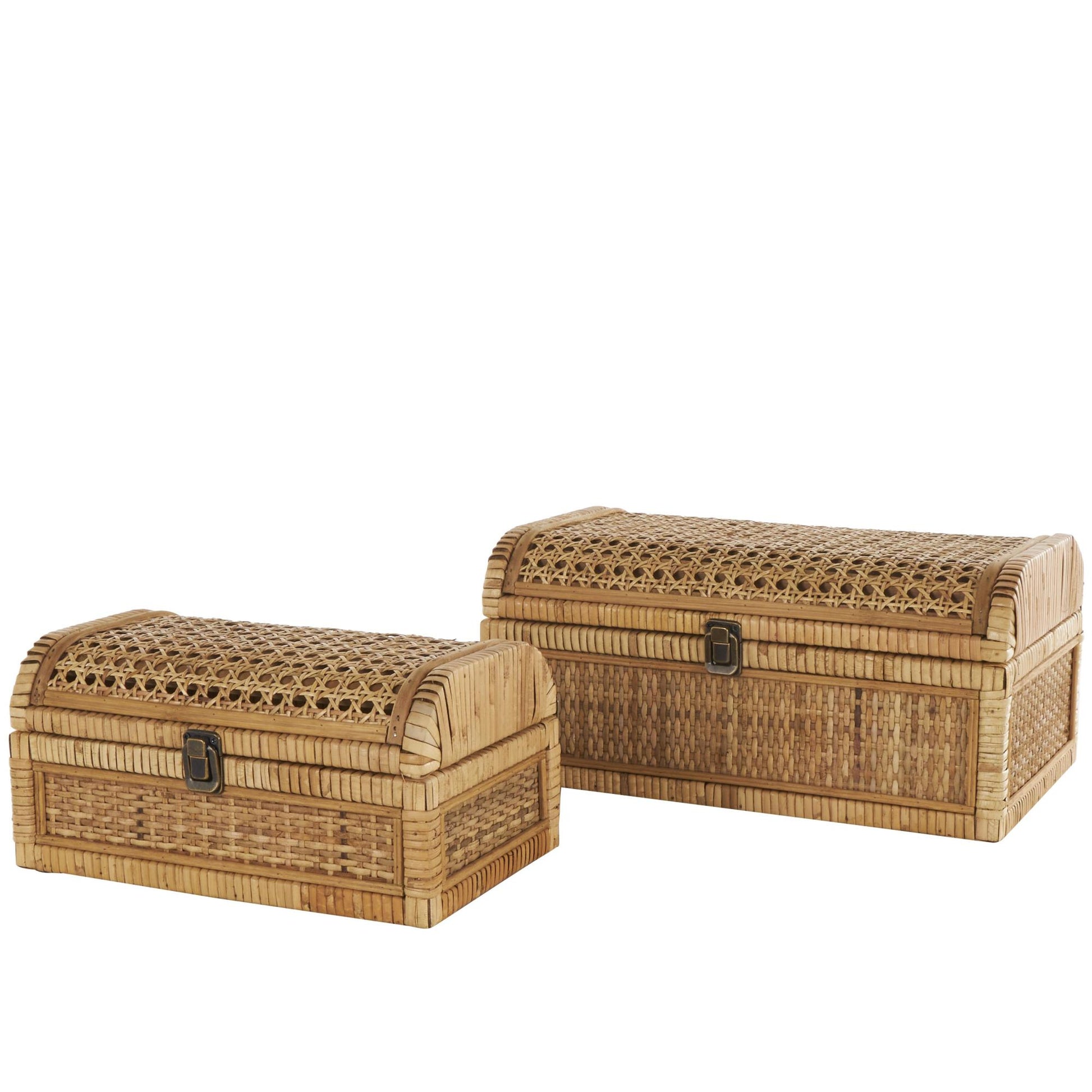Set of 2 Brown Rattan Handmade Woven Storage Decorative Box with Curved Tops and Wrapped Edges