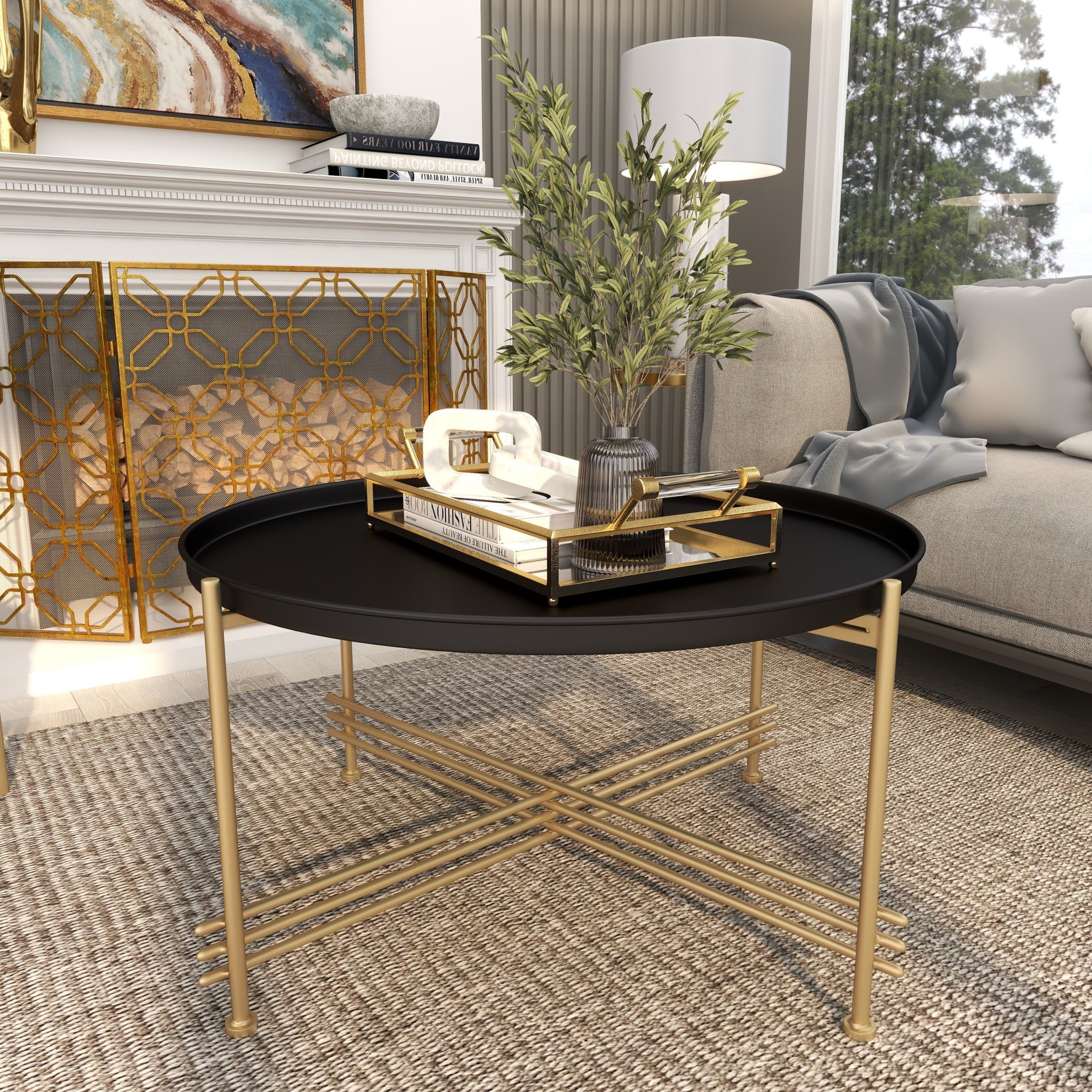 Black Metal Tray Top Living Room Coffee Table with Gold X-Shaped Base