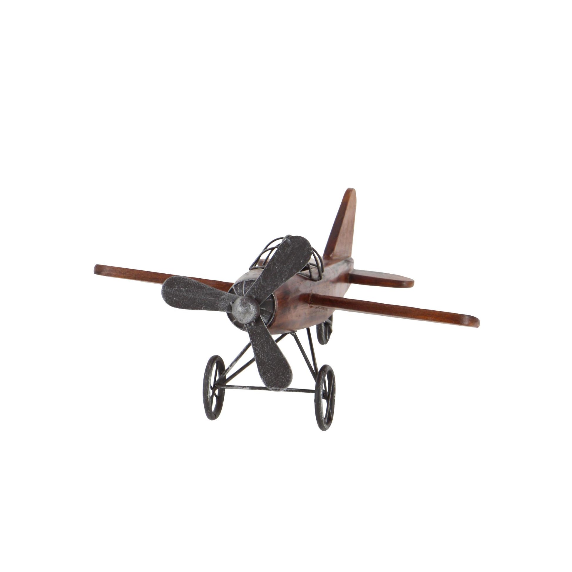 Airplane Brown Wood Decorative Sculpture with Gray Metal Accents