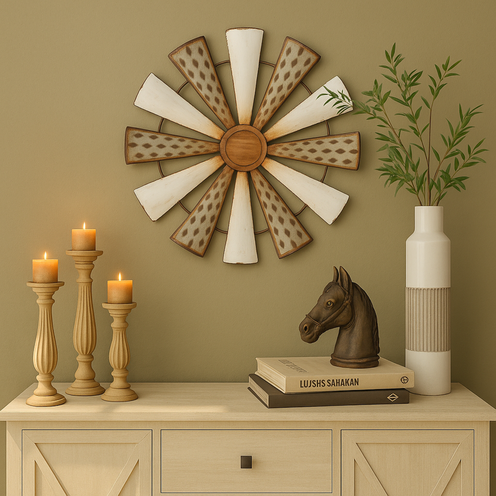 Windmill White Metal Home Wall Decor with Galvanized Metal Accents
