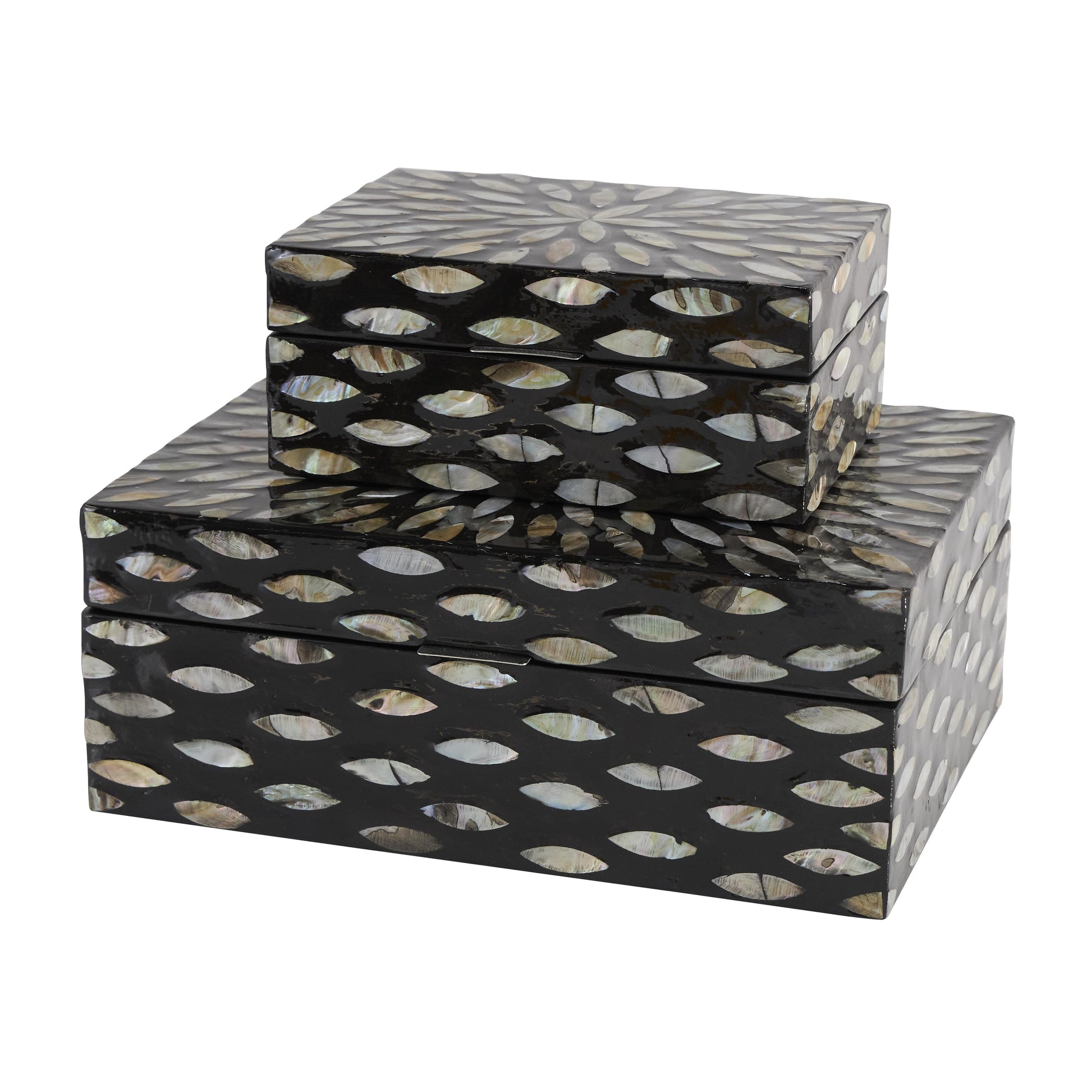Set of 2 Floral Mother of Pearl Shell Decorative Box with Beige Accents