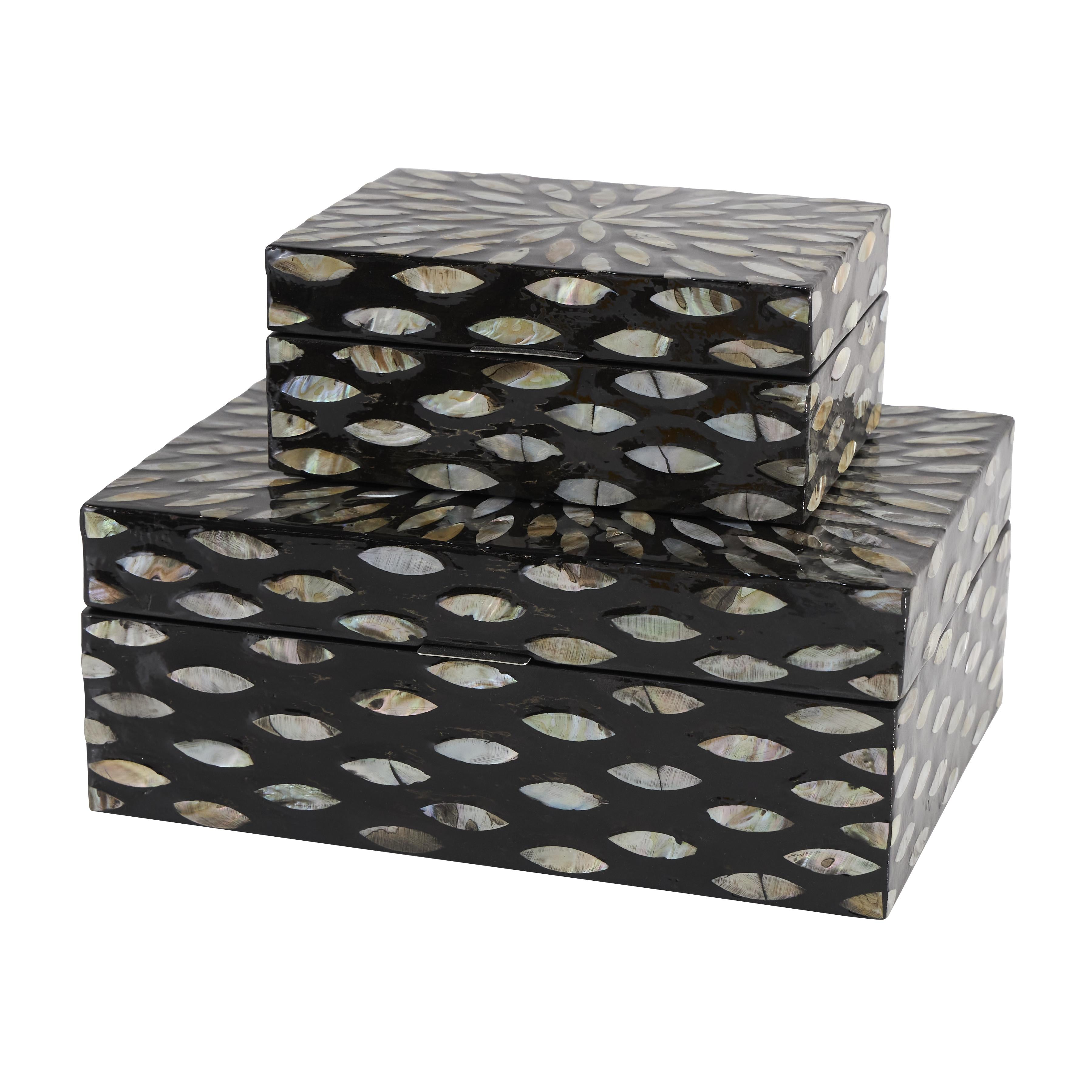 Set of 2 Floral Mother of Pearl Shell Decorative Box with Beige Accents