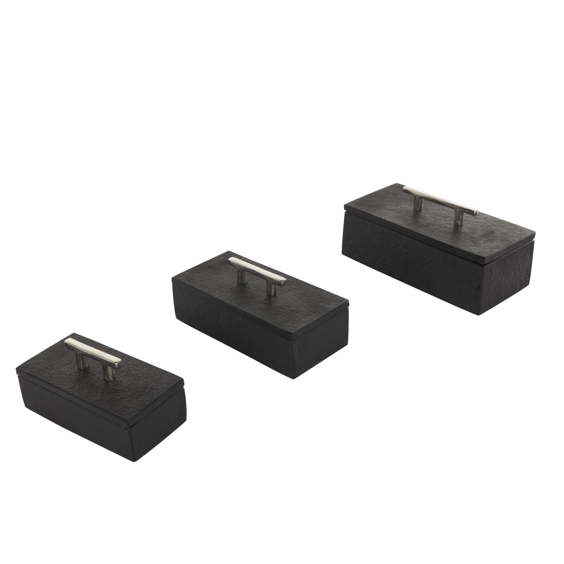 Set of 3 Marble Decorative Box with Aluminum Bar Handles Set of 3 12", 10", 8"W