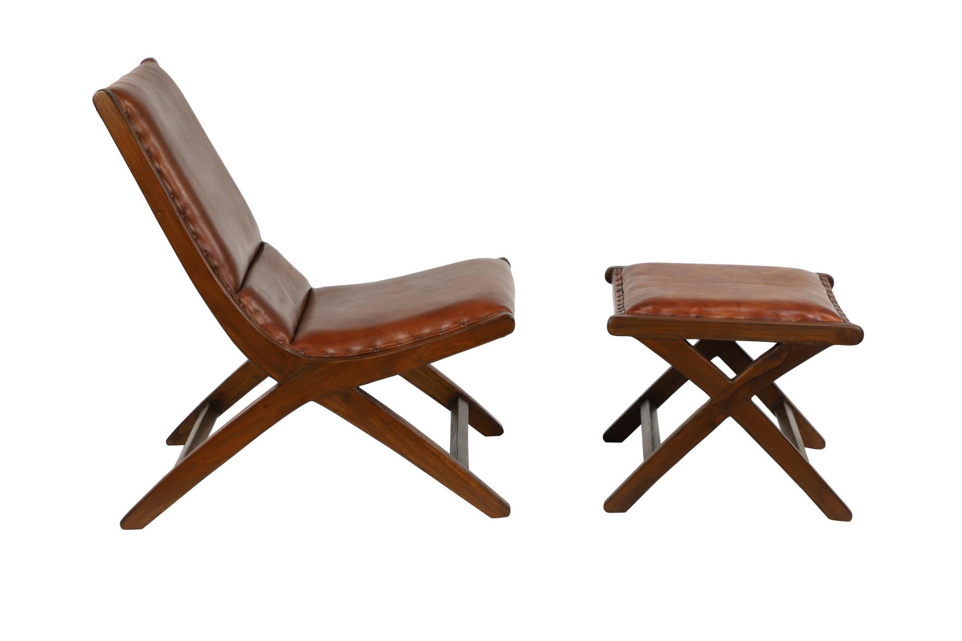 Teak Wood Handmade Upholstered Leather Accent Chair with Ottoman