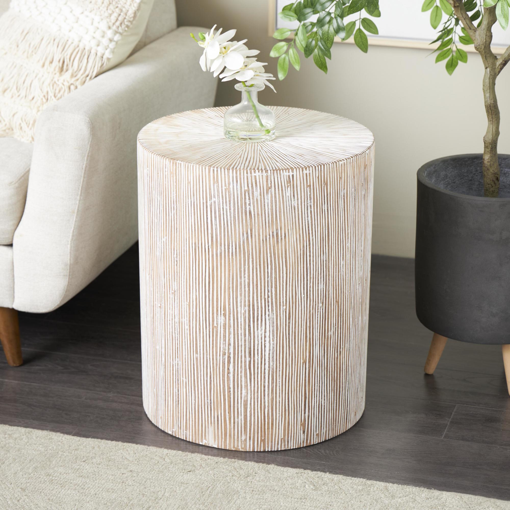 Starburst Brown Wooden Drum Side End Accent Table with White Accents