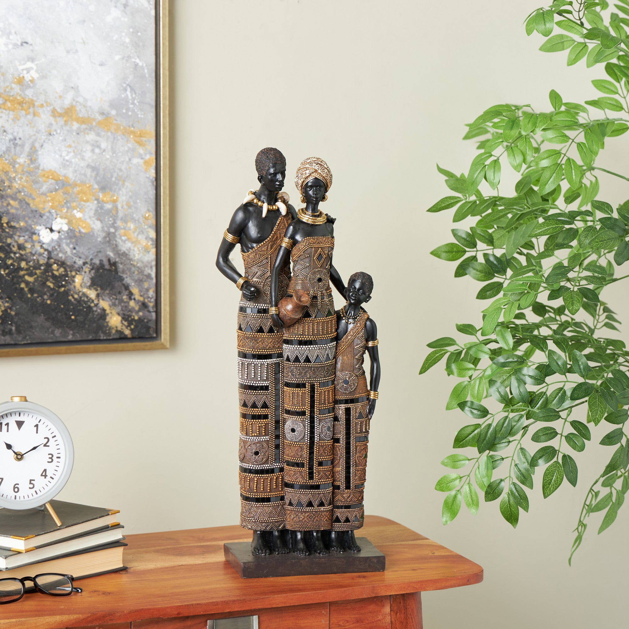Family Black Resin Tall African Decorative Sculpture with Gold Jewels