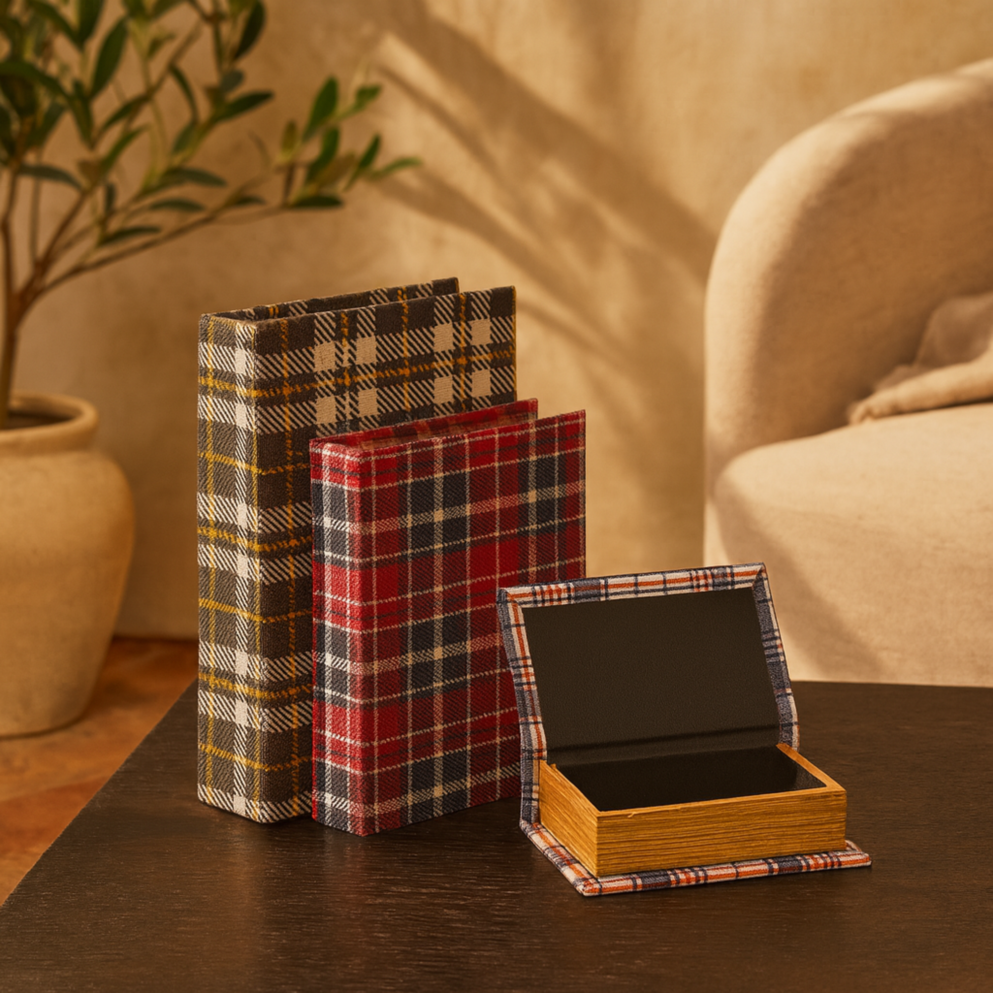 Set of 3 Geometric Multi Colored Canvas Plaid Faux Book Storage Decorative Box with Red and Blue Accents