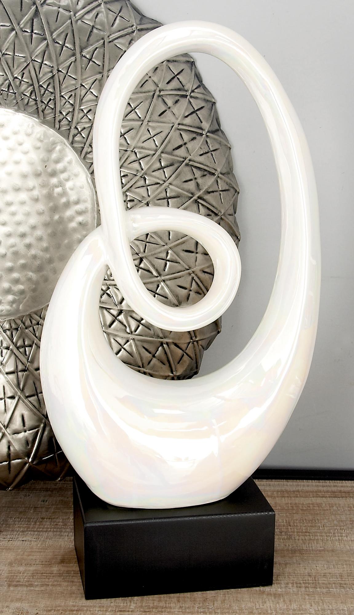 Abstract Ceramic Swirl Decorative Sculpture with Black Wooden Base