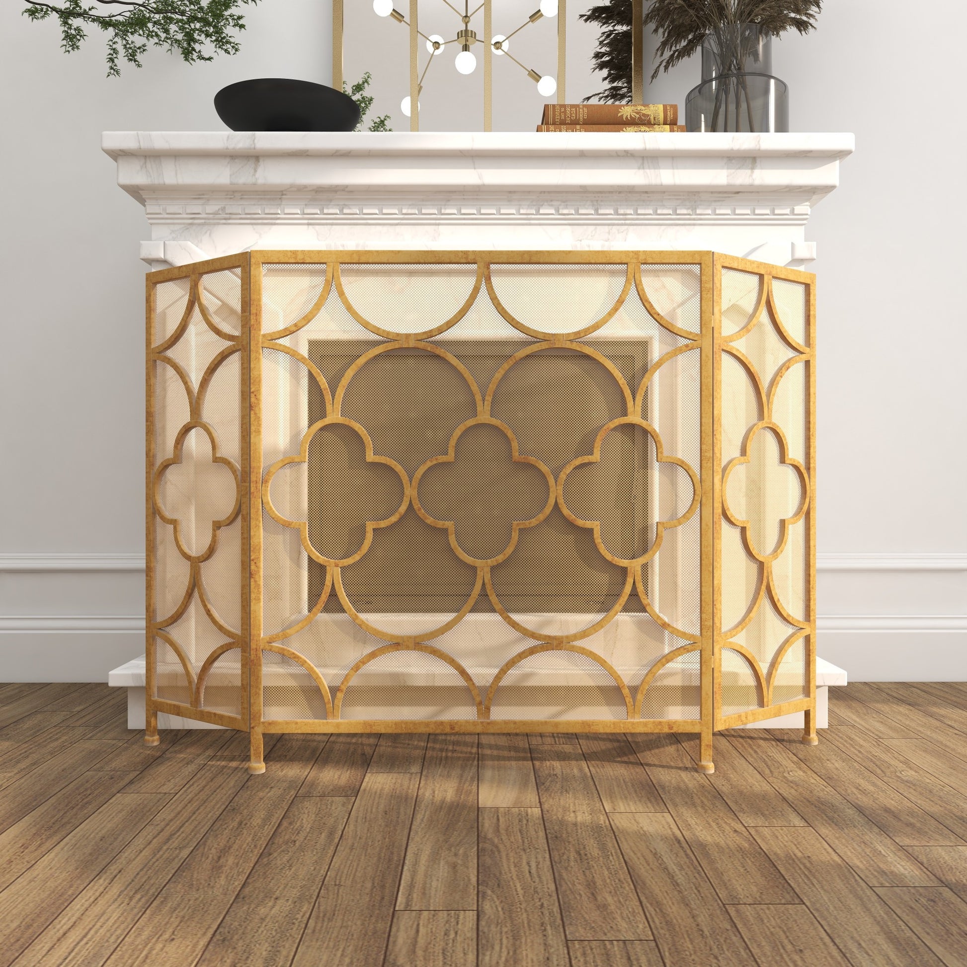 Geometric Gold Metal Foldable Mesh Netting 3 Panel Living Room Fireplace Screen with Quatrefoil Design