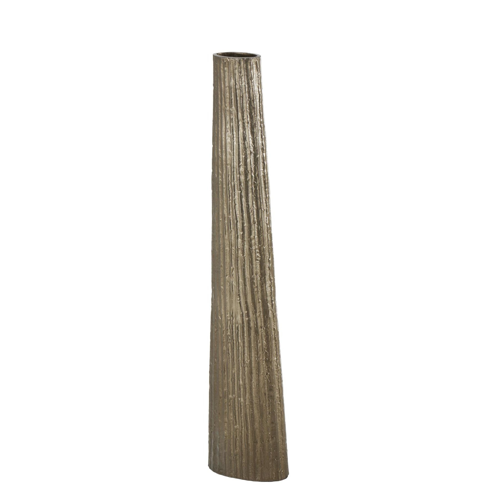 Brass Aluminum Metal Slim Flat Tall Floor Cone Decorative Vase with Textured Ridges