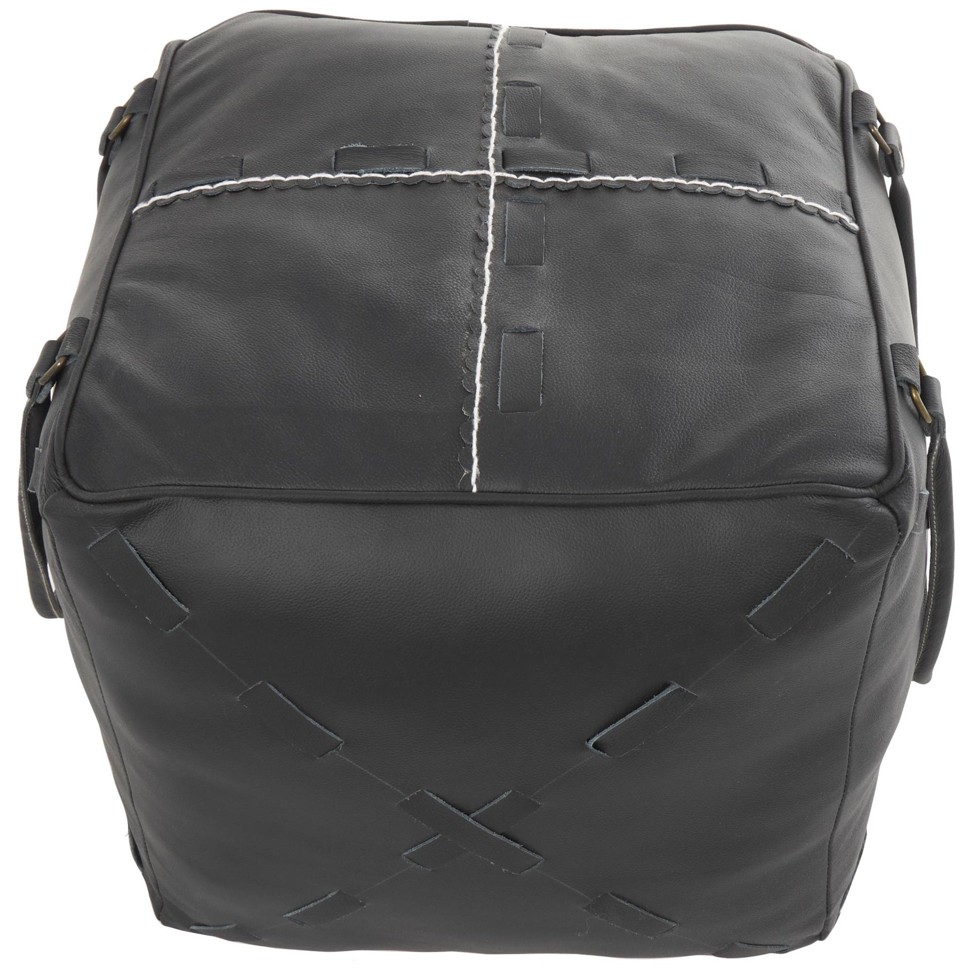 Leather Stuffed Pouf with Woven Straps and Handles