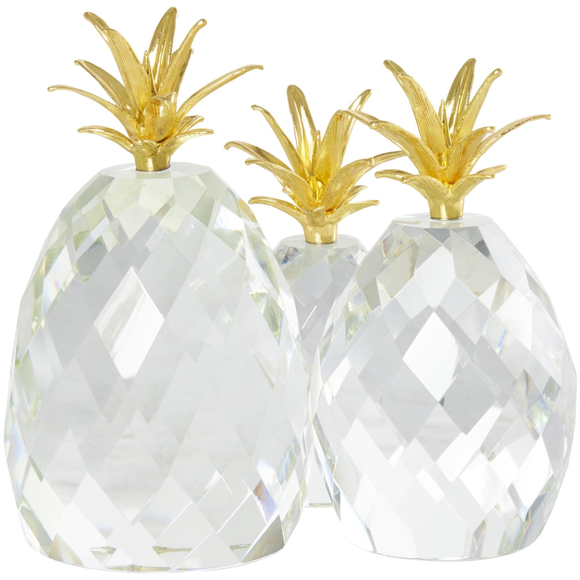 Set of 3 Fruit Clear Crystal Faceted Pineapple Decorative Sculpture with Gold Leaves