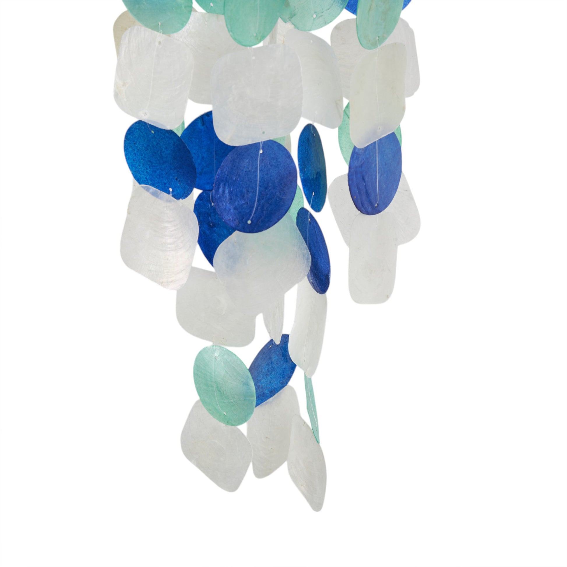 Geometric White Capiz Shell Waterfall Indoor Outdoor Windchime with Blue and Teal Accents