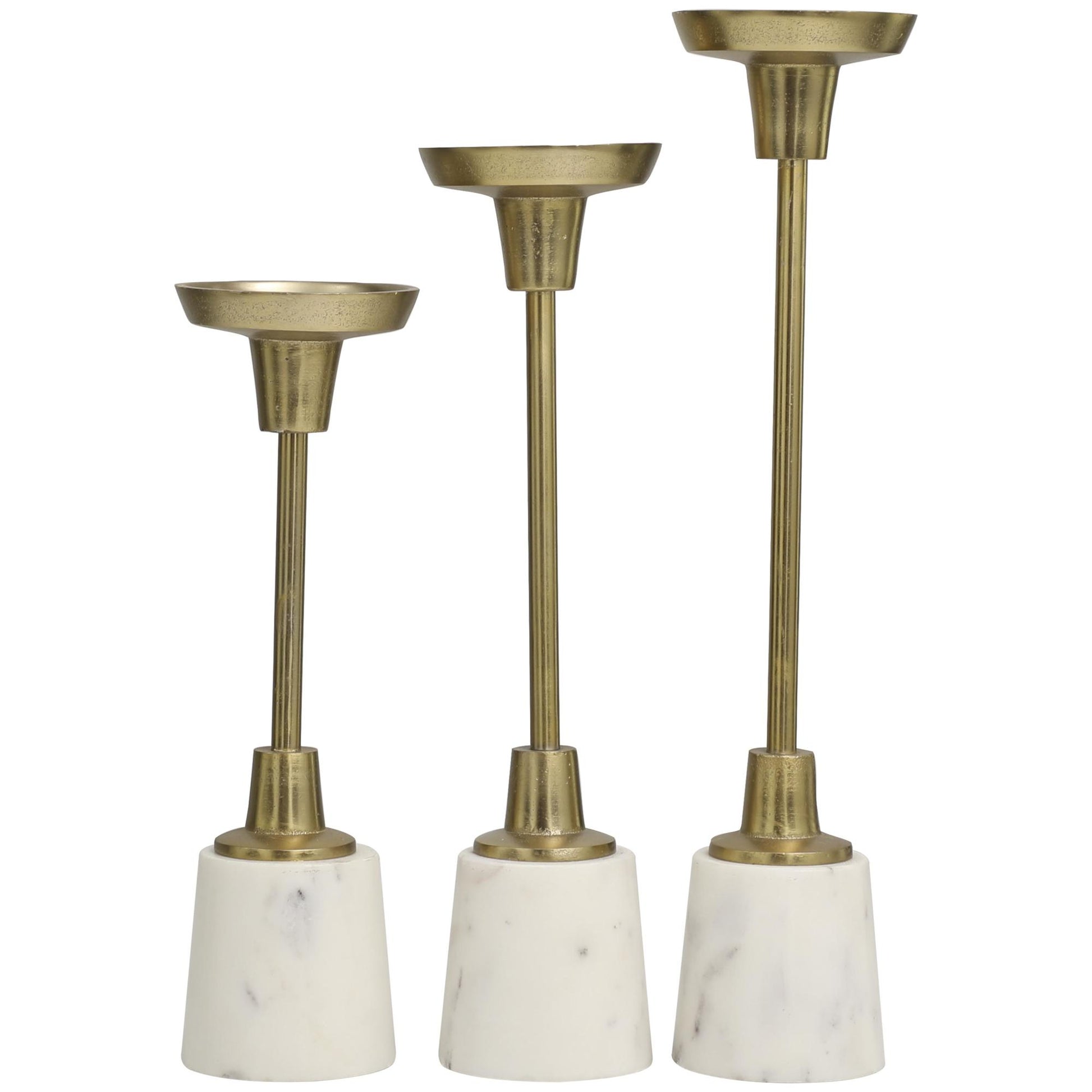 Set of 3 Gold Aluminum Metal Slim Decorative Candle Holder with White Marble Base