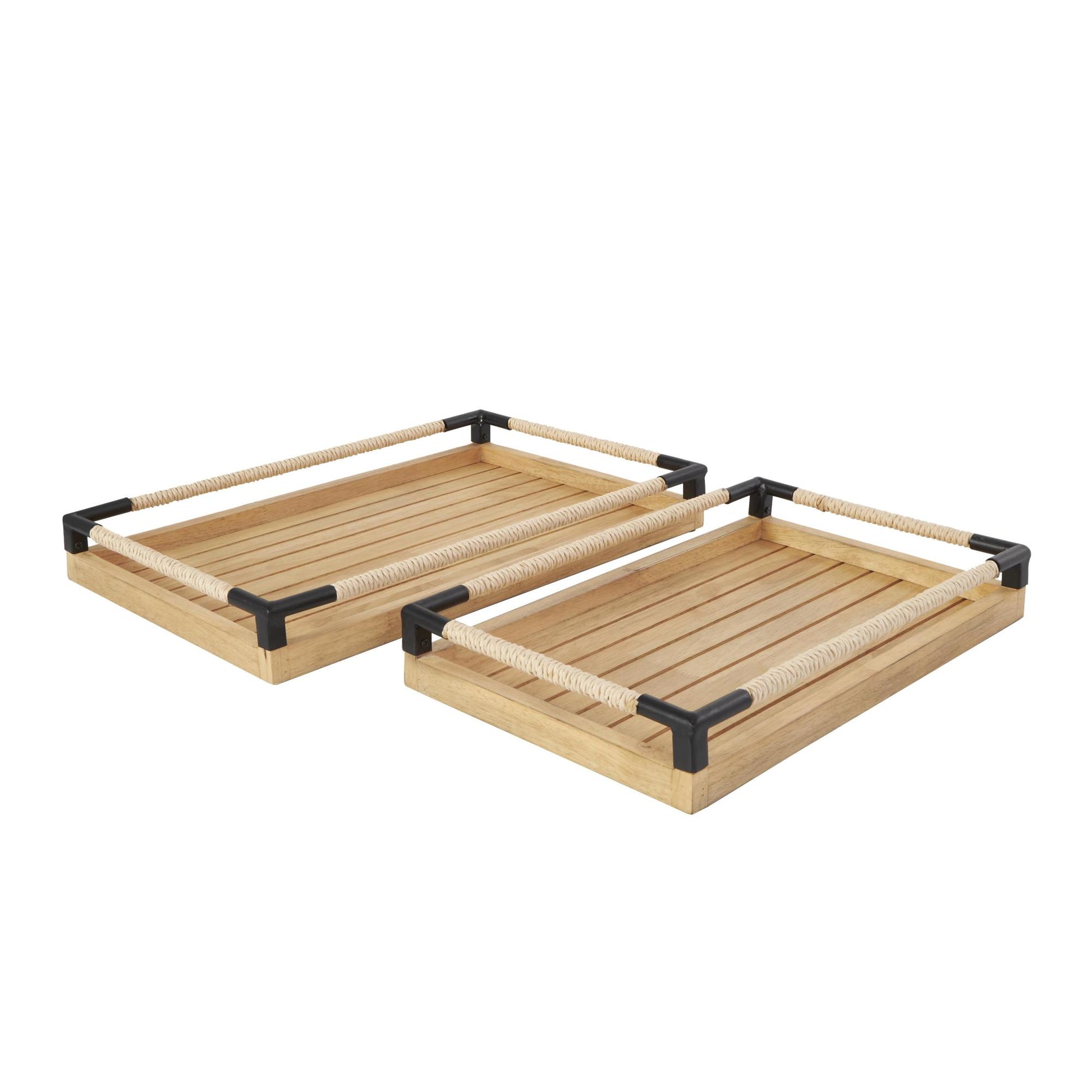 Set of 2 Brown Wood Slatted Living Room Decor Tray with Elevated Woven Sides and Black Metal Corners