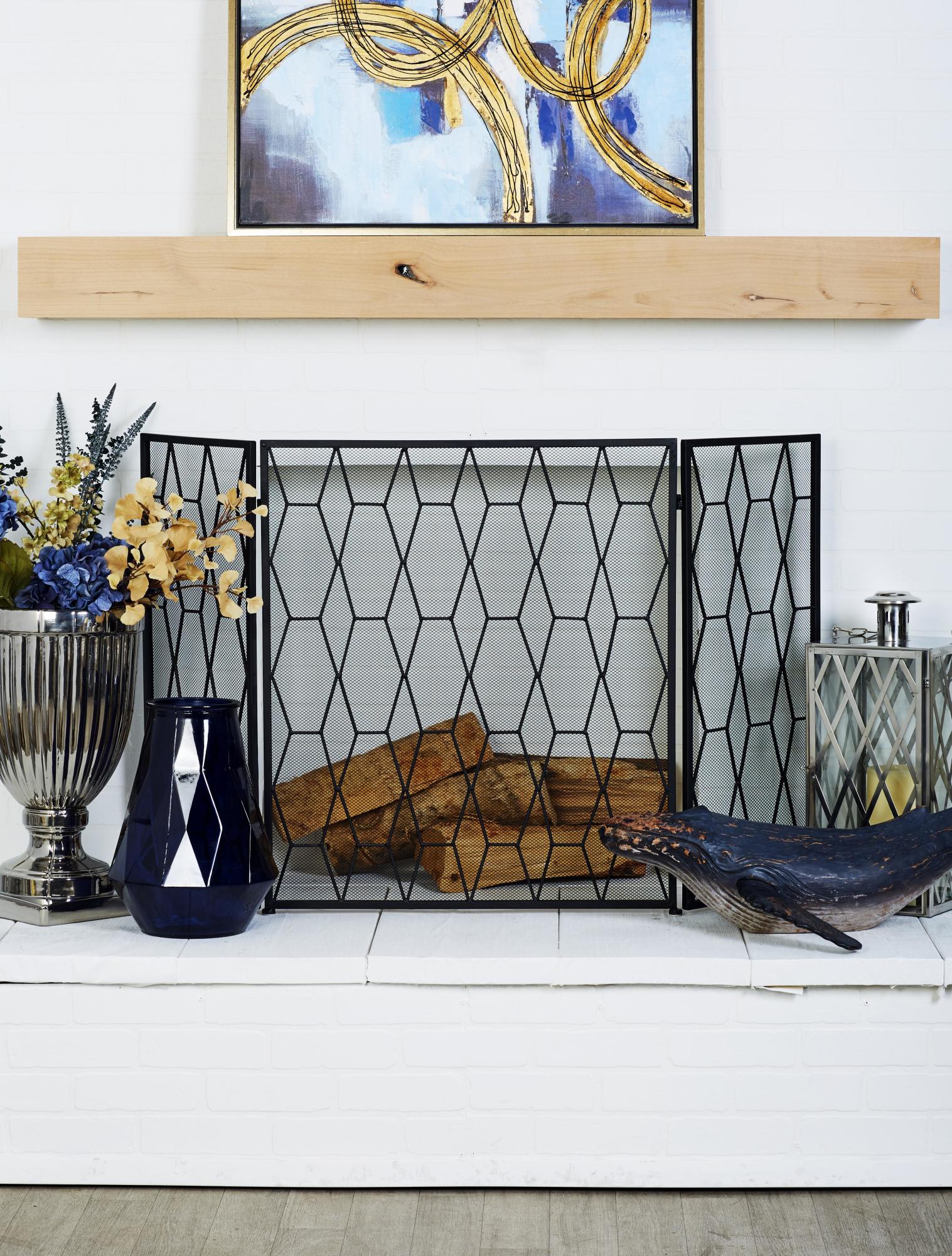 Geometric Black Metal Foldable 3 Panel Living Room Fireplace Screen with Mesh Netting
