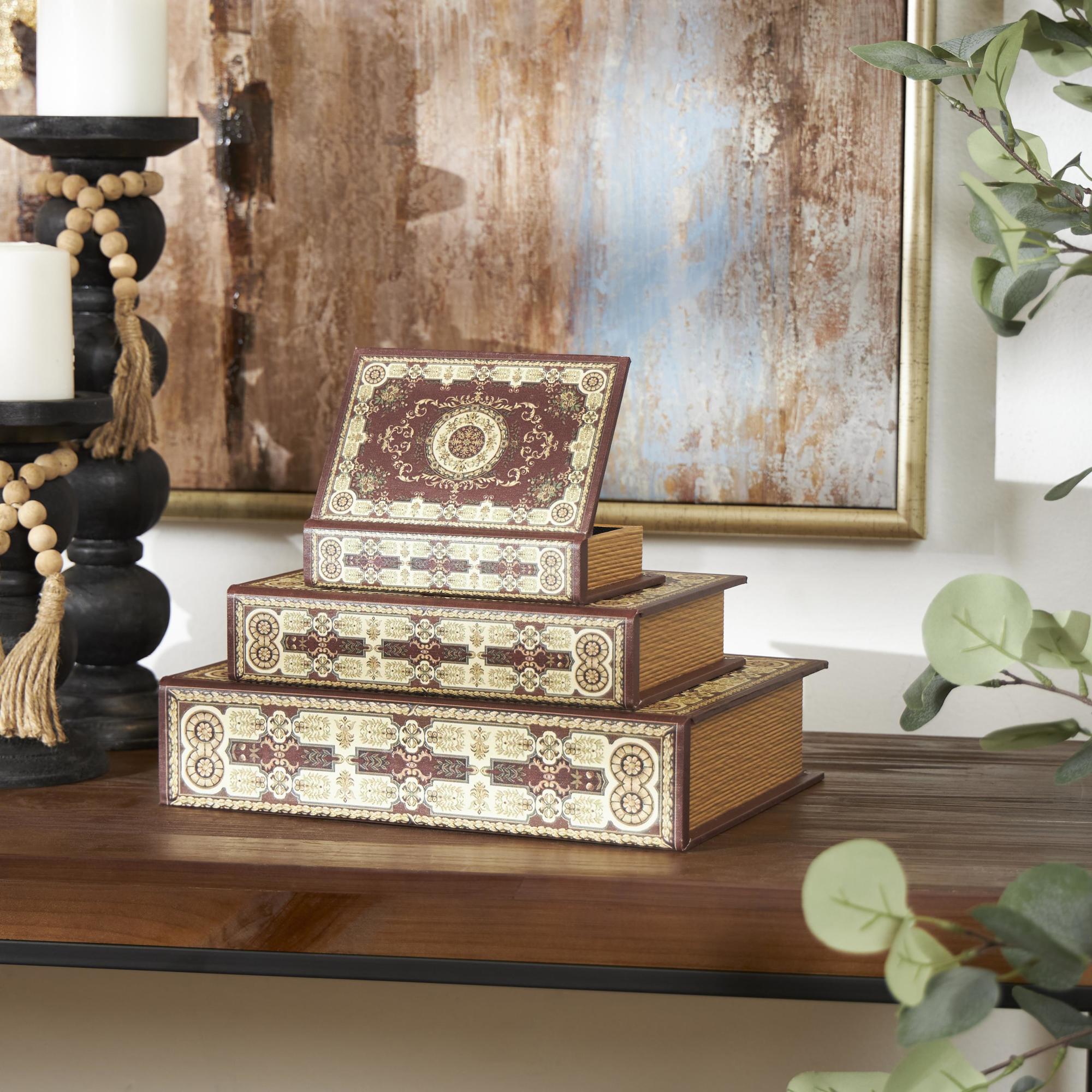 Set of 3 Scroll Red Canvas Faux Book Storage Decorative Box with Cream Floral Arabesque Patterns