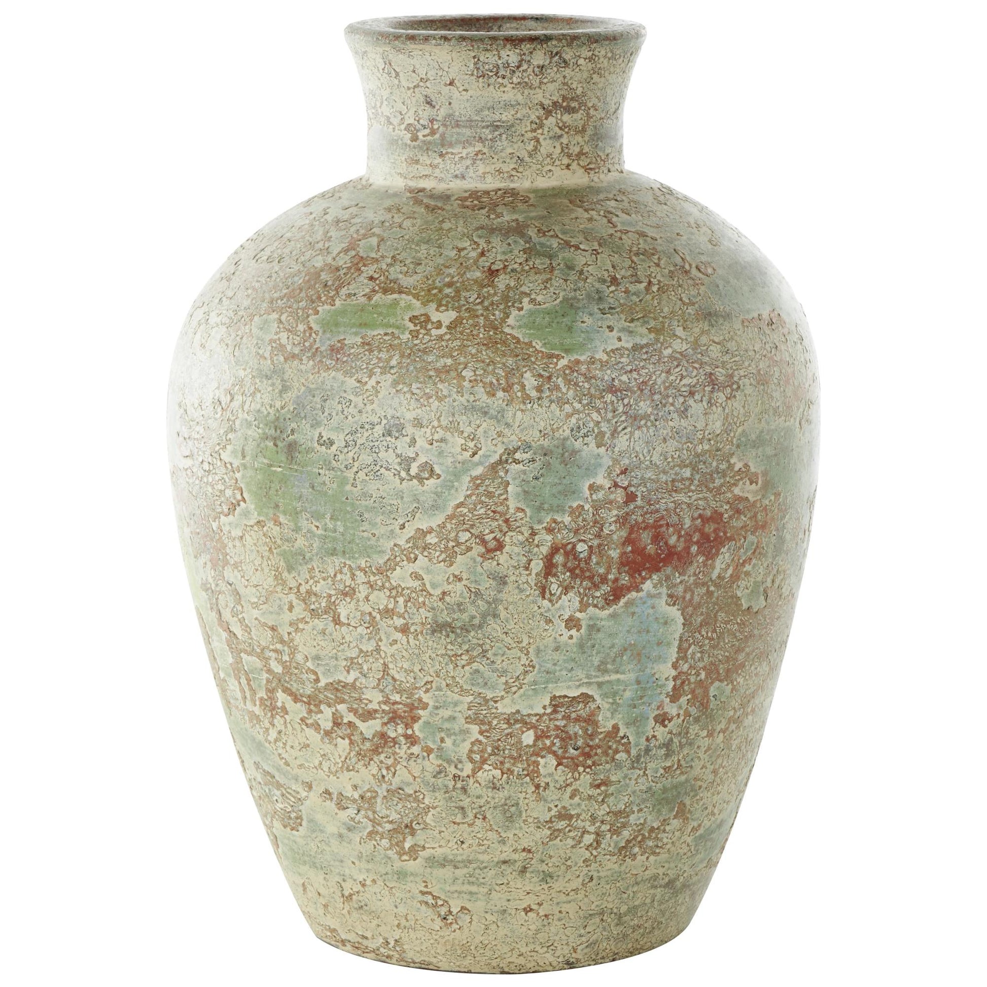 Brown Ceramic Antique Style Textured Decorative Vase with Green and Copper Accents