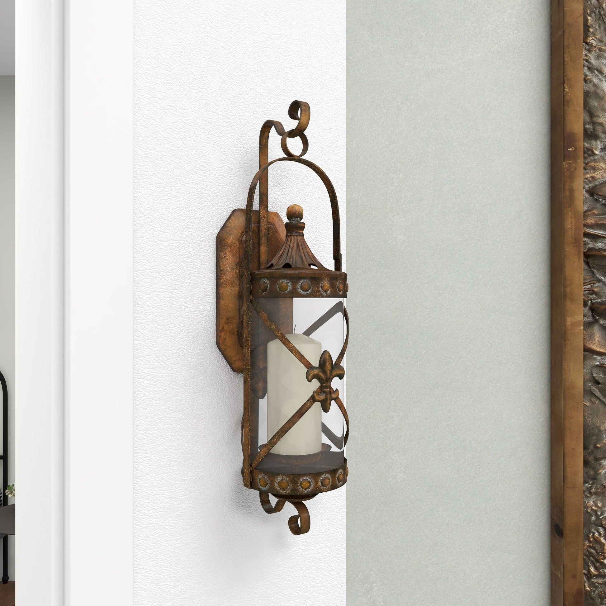 Fleur De Lis Metal Suspended Studded Single Candle Indoor Outdoor Wall Sconce with Scroll Details